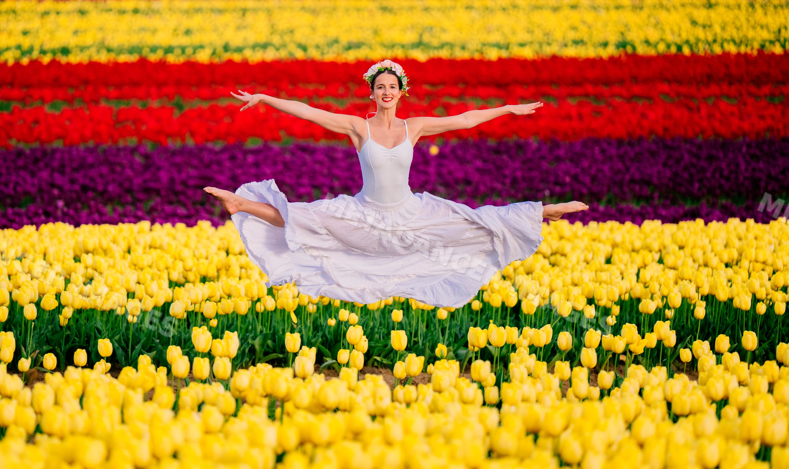 Ballet white dancer leaping in colorful tulip field outdoors