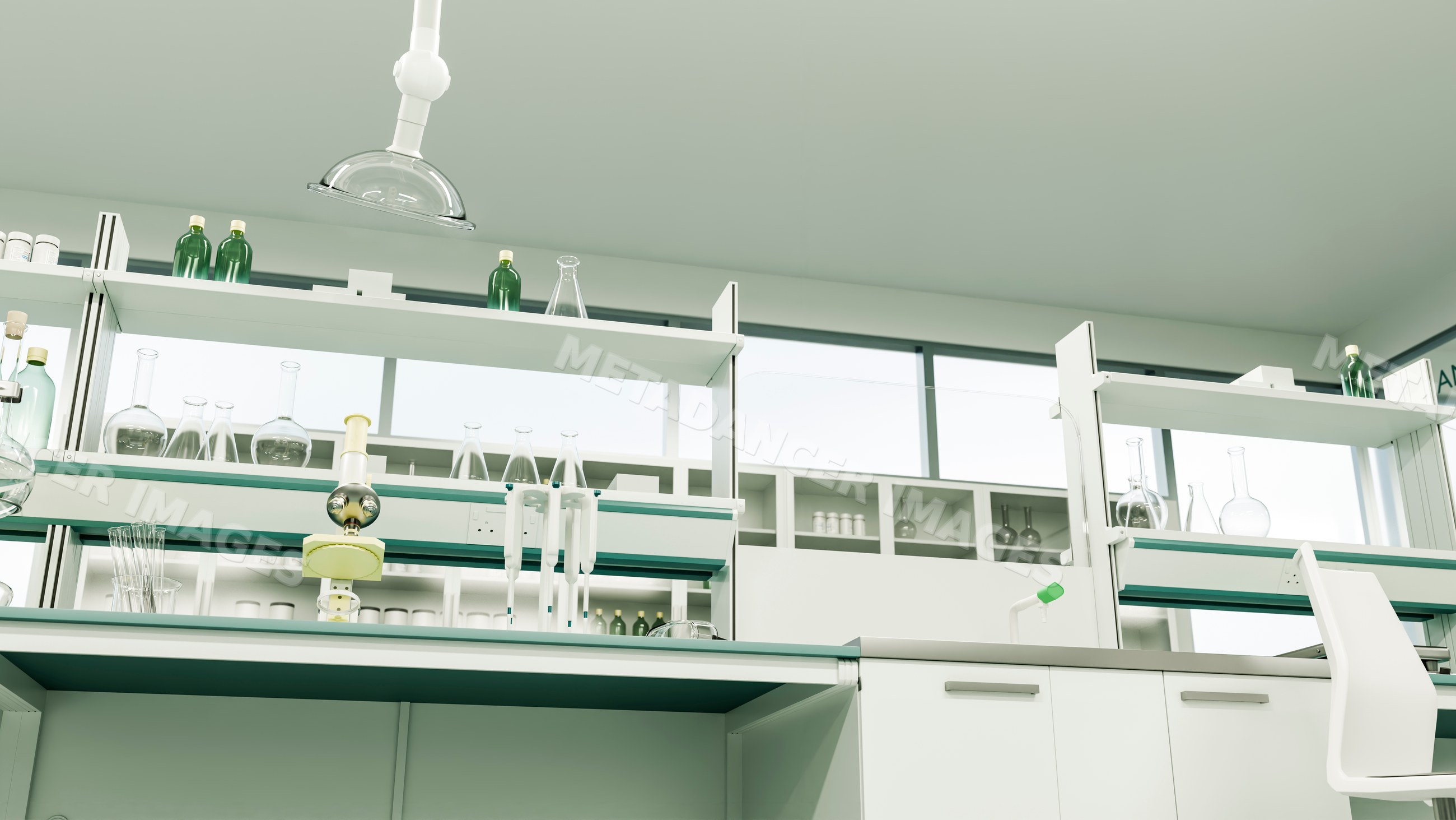 Laboratory workbench with glassware and pipettes
