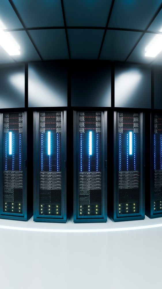 Server racks with blue led lights in a modern data center
