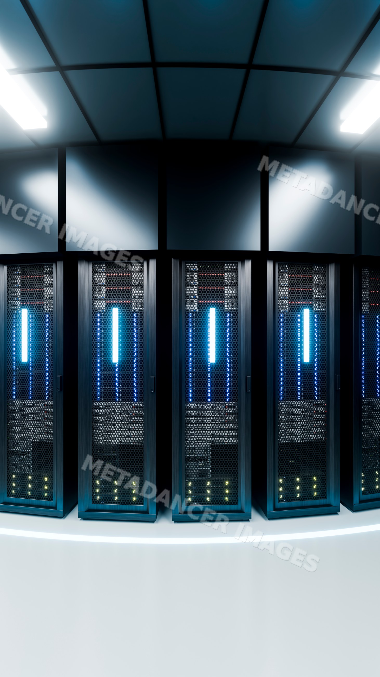 Server racks with blue led lights in a modern data center