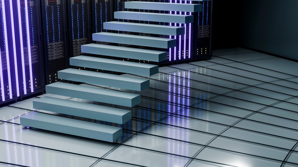 Floating staircase inside modern technology server room