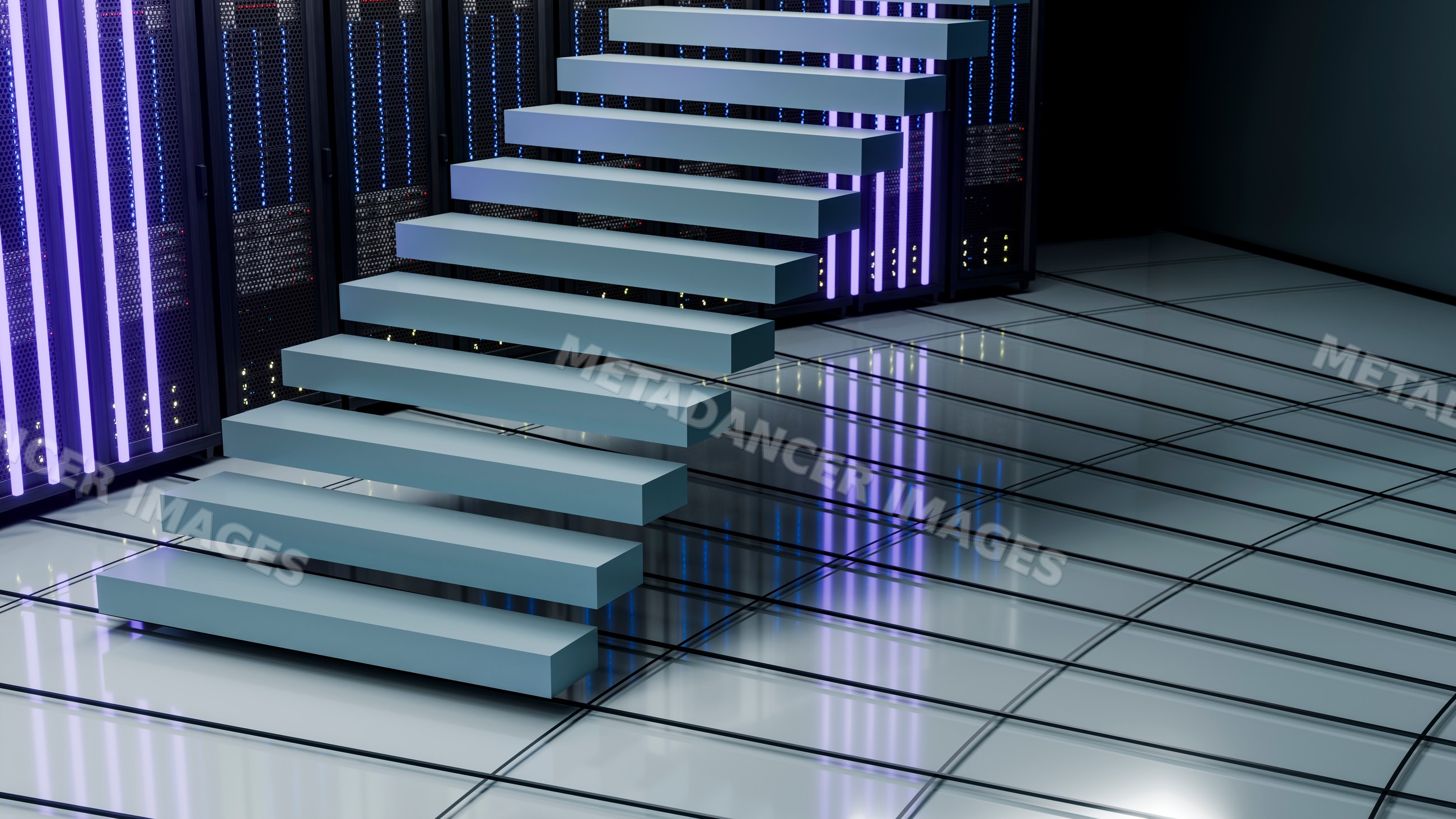 Floating staircase inside modern technology server room