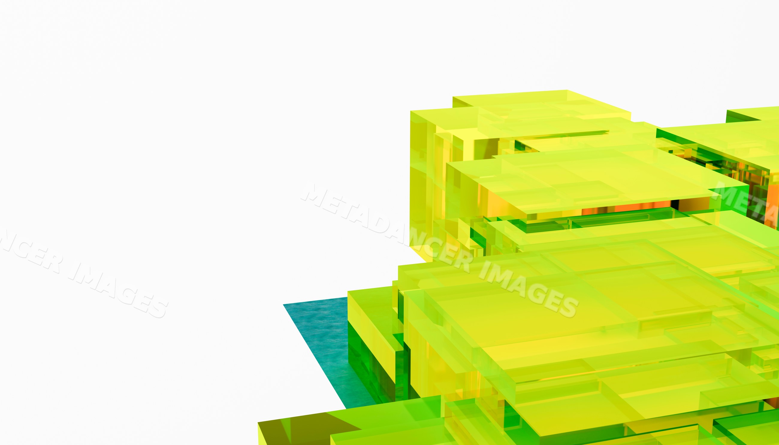 Abstract transparent green and yellow 3d stacked blocks on white