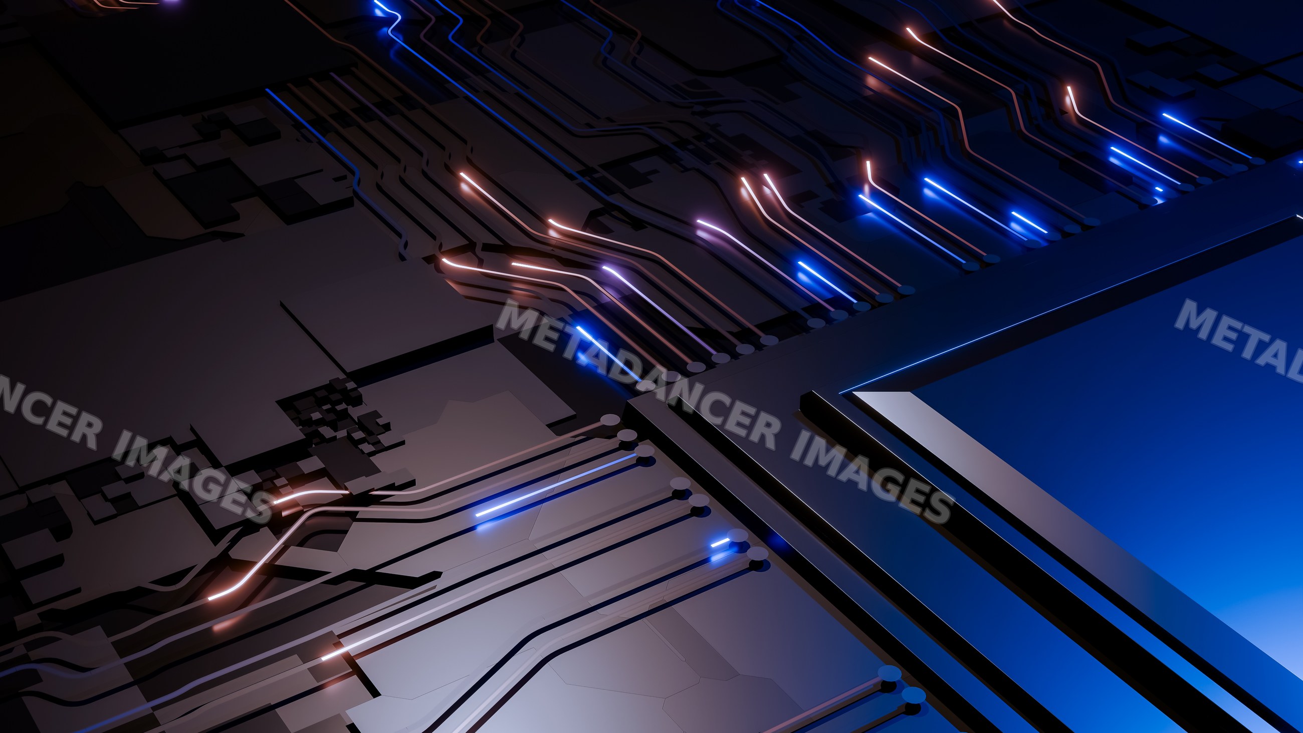 Abstract render of a printed circuit board with glowing digital