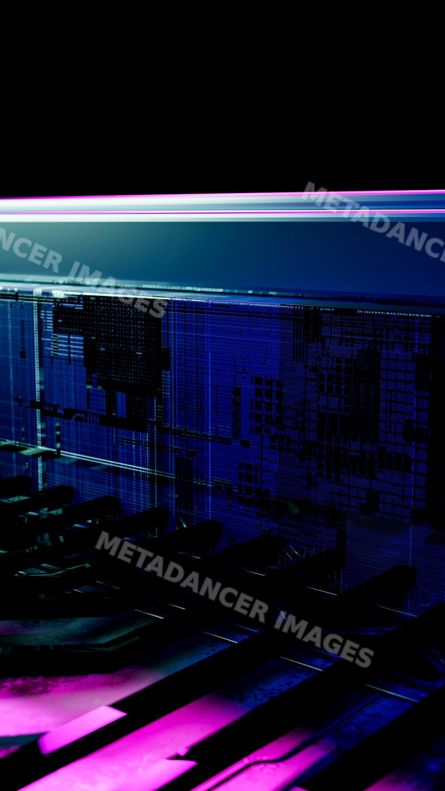 Close-up of computer chip circuit board with blue and purple light