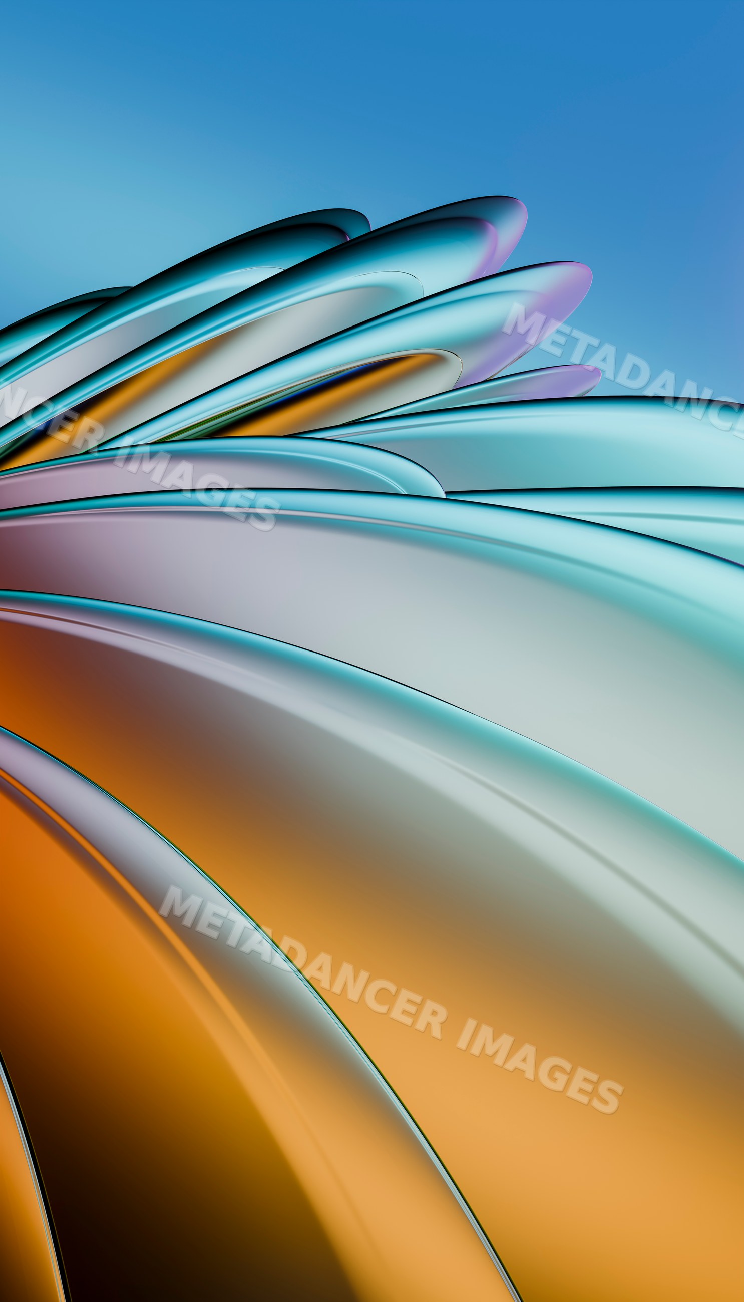 Abstract curved metallic shapes with smooth surfaces and gradient