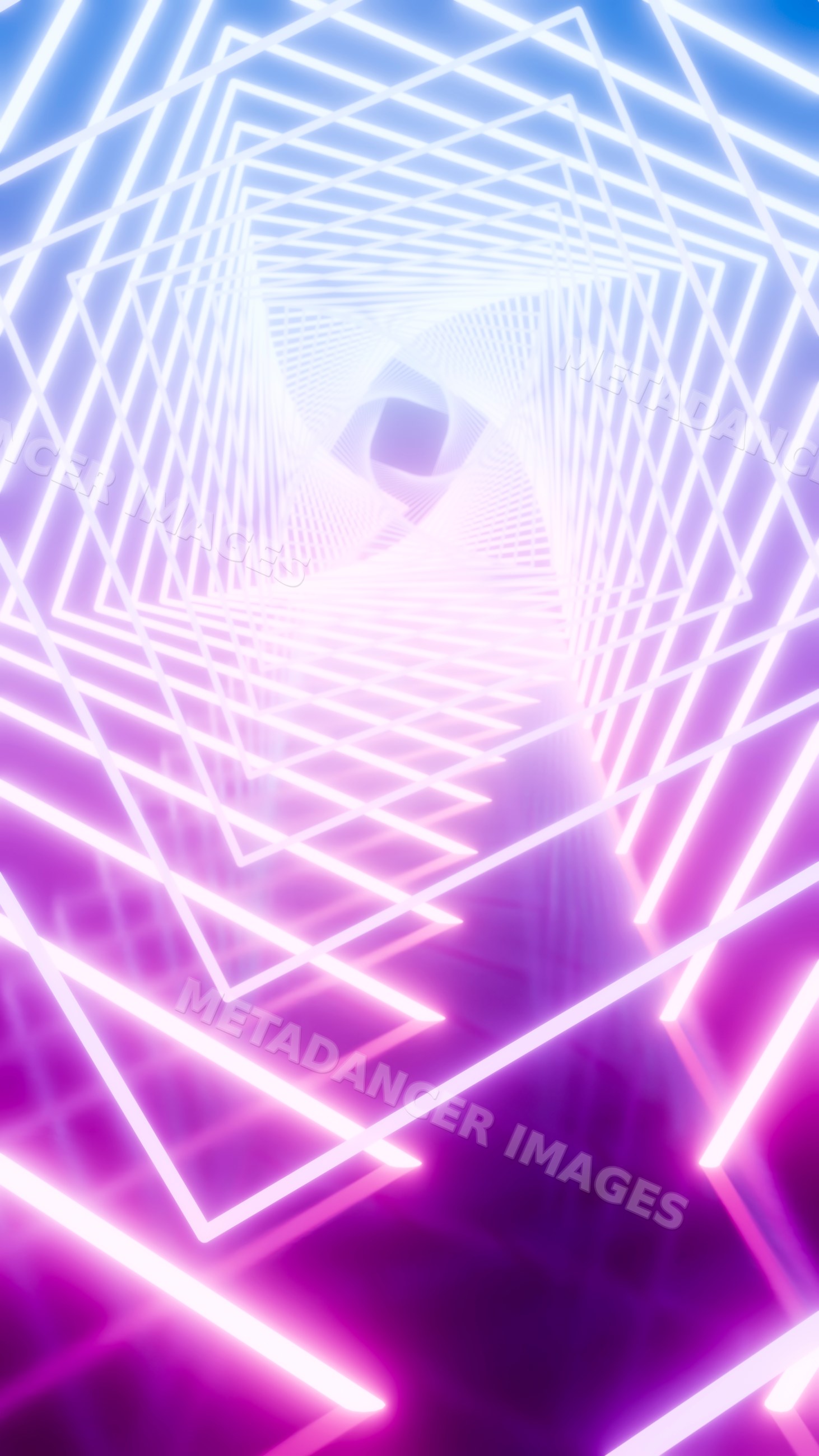 Abstract glowing neon light tunnel with geometric shapes