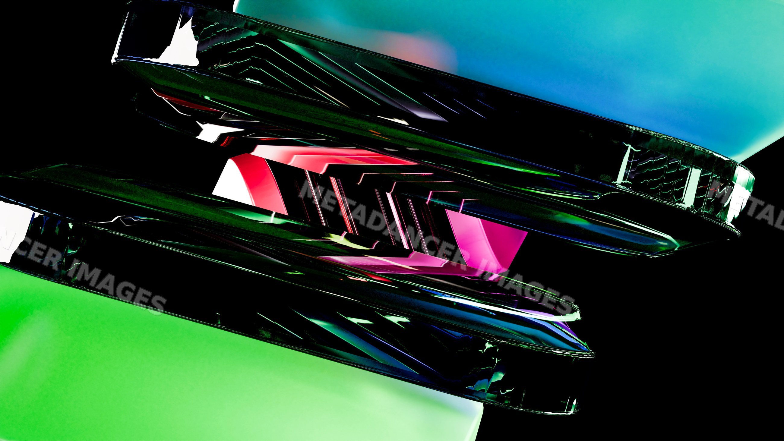 Abstract digital art with layered glossy surfaces and vivid colors