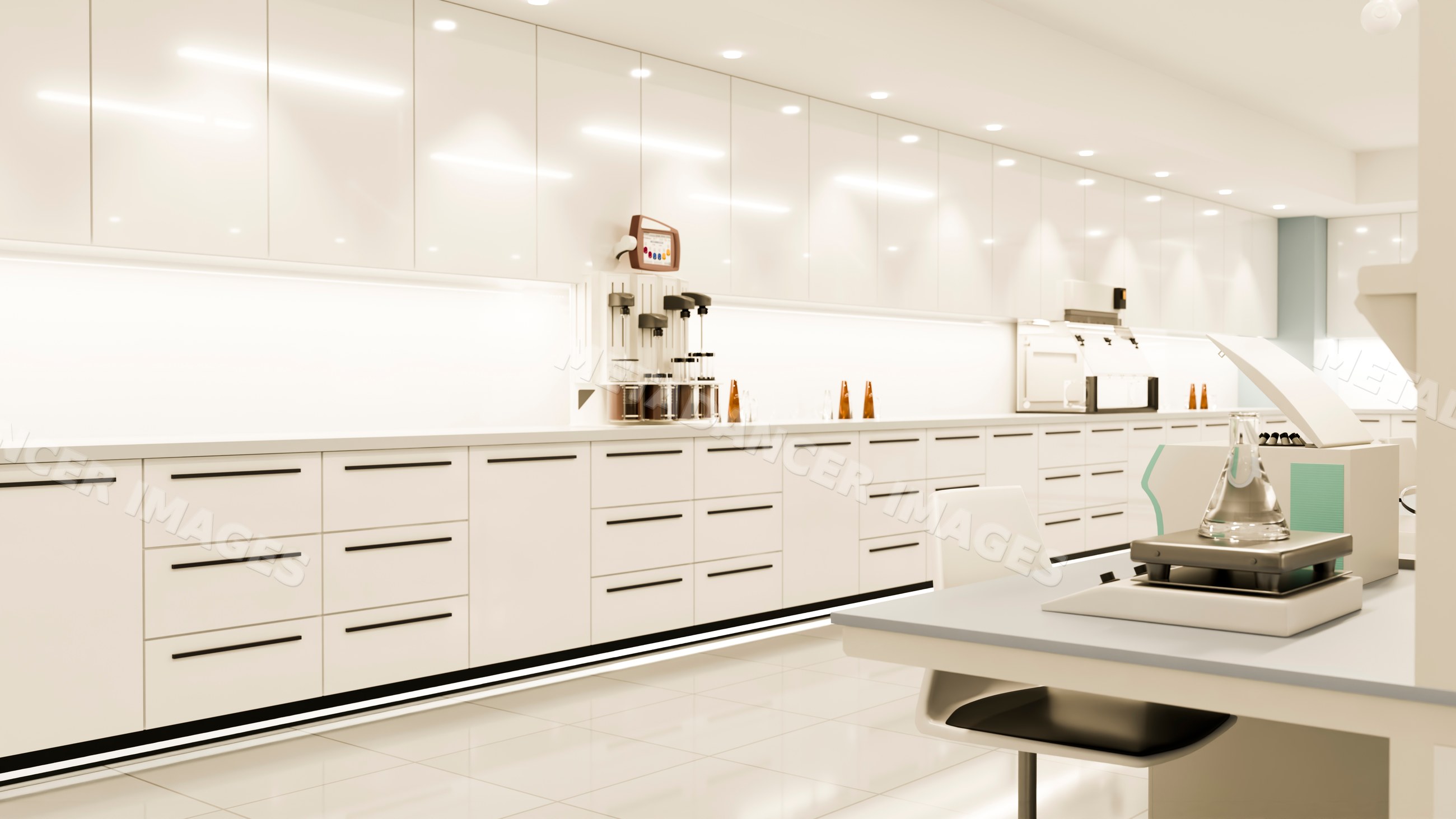 Modern laboratory interior with scientific equipment and worktable