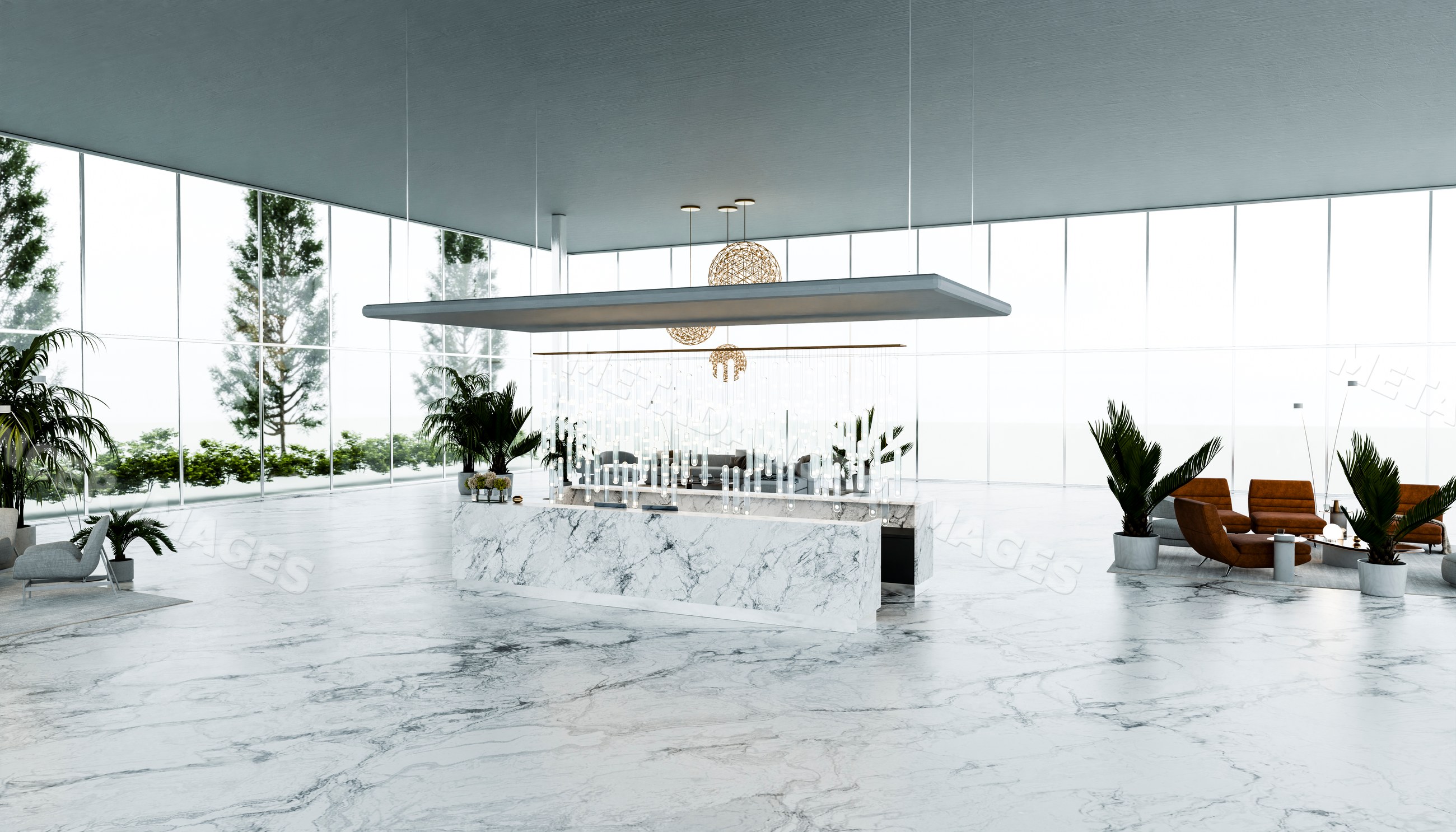 Modern lobby with marble reception desk and lounge seating