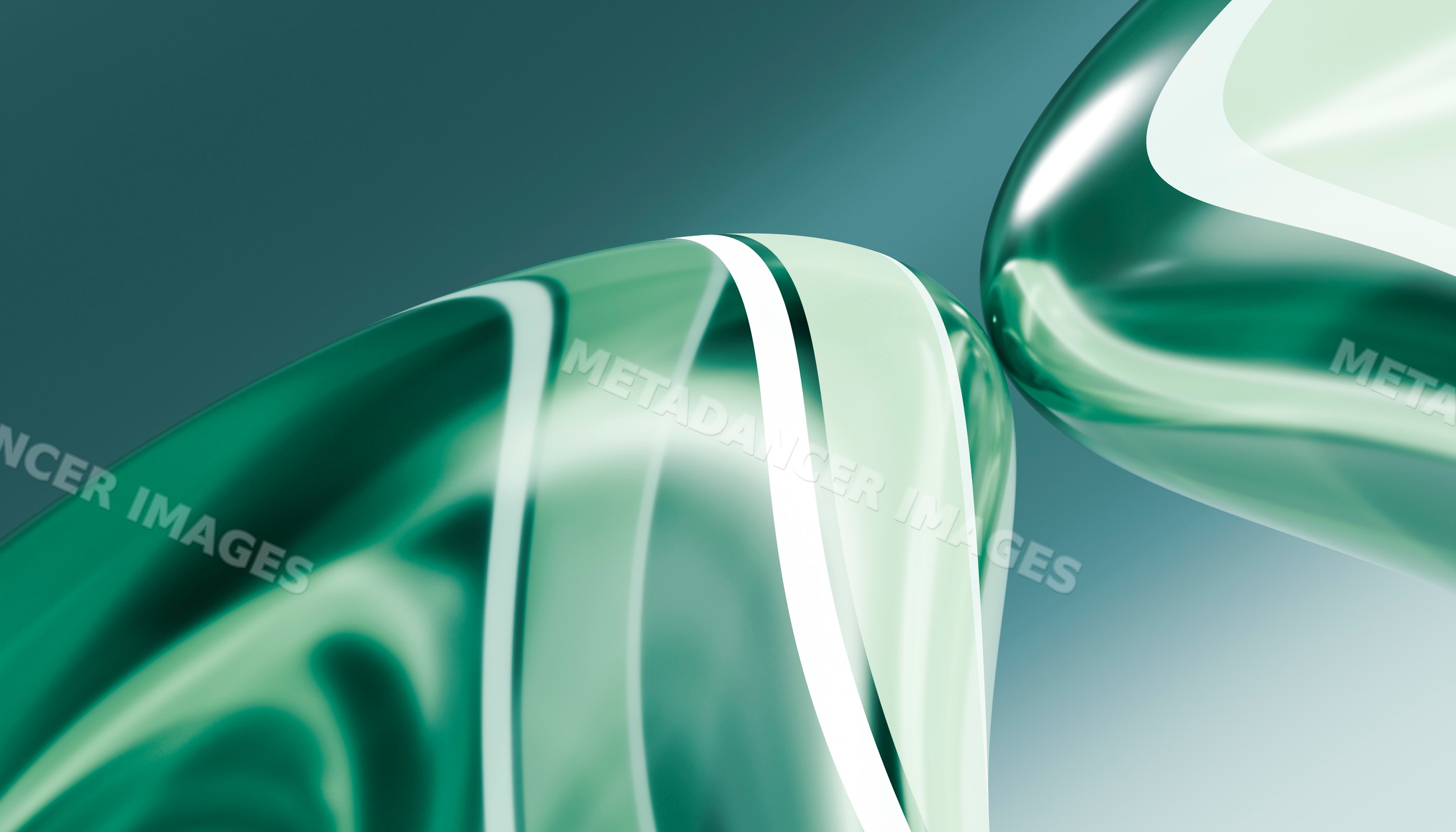 Green transparent curved glass abstract shapes with smooth reflective