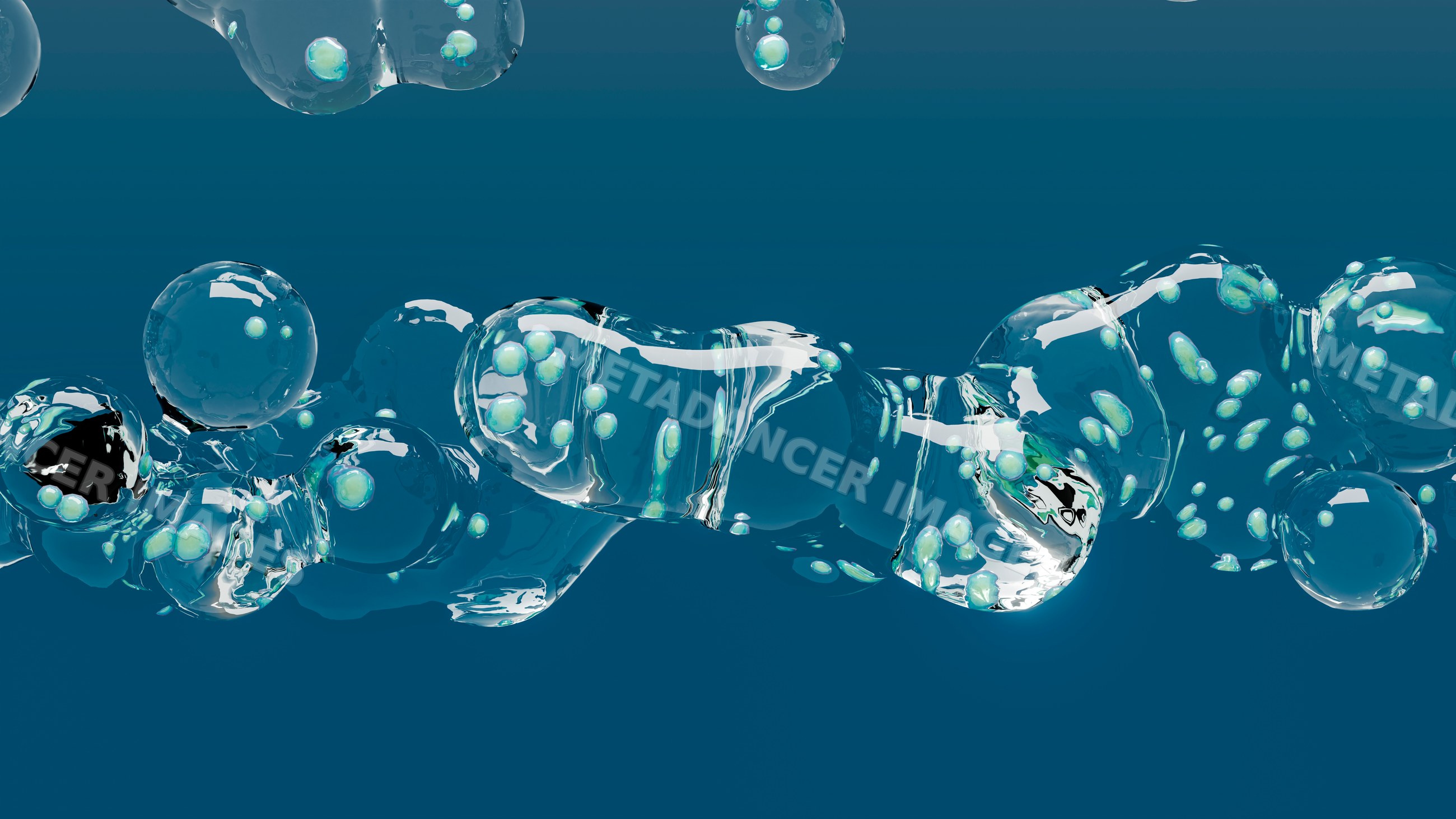 Transparent bubbles with green spheres in 3d scientific illustration