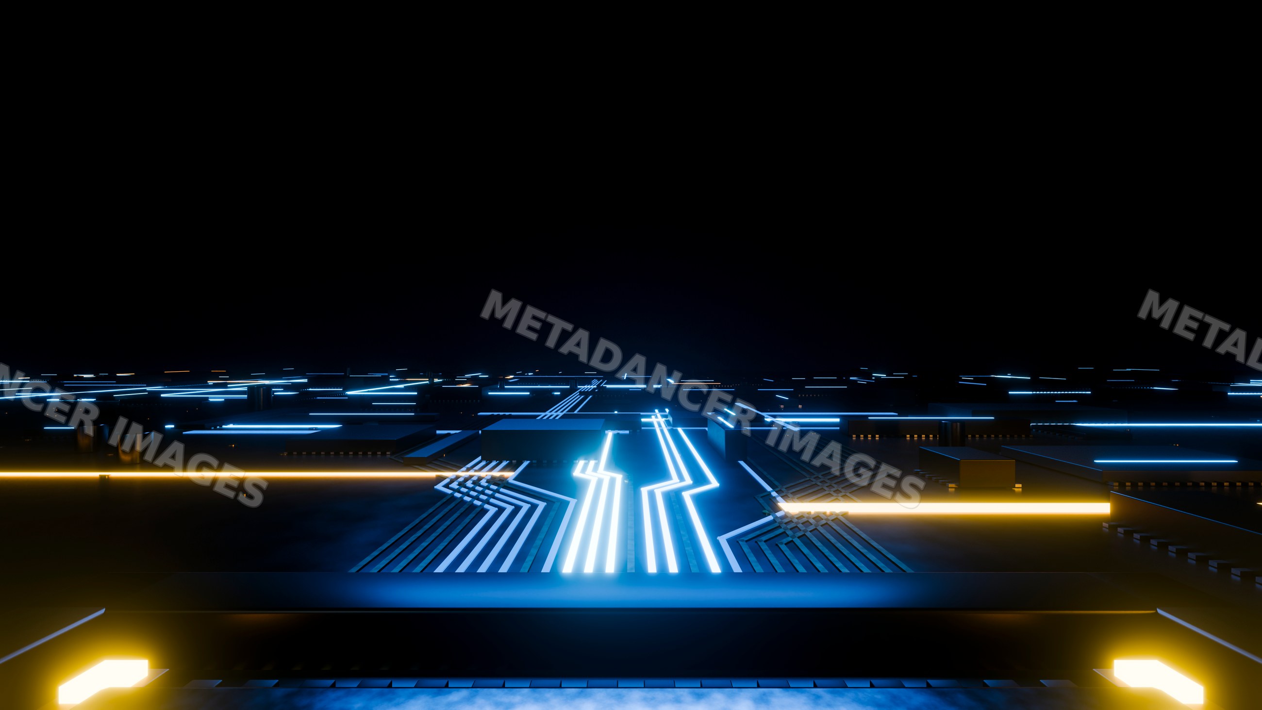 Glowing blue circuit board with electronic components
