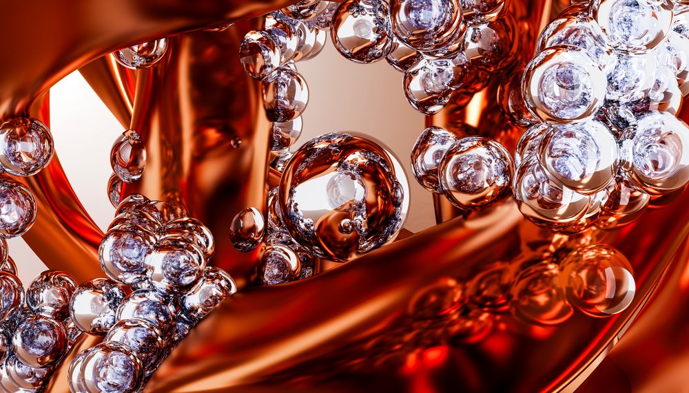 Red metallic tubes with transparent reflective bubbles