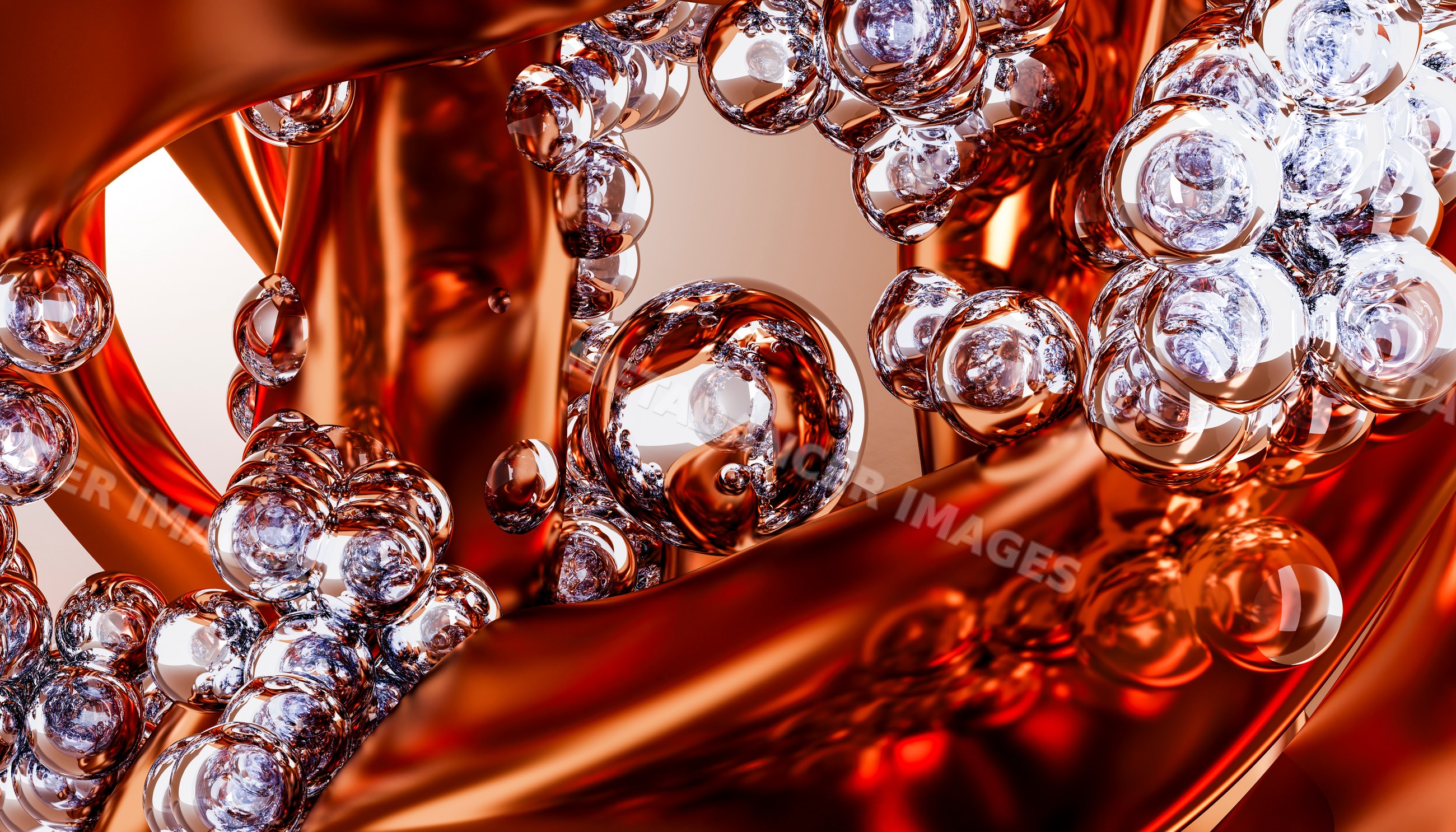 Red metallic tubes with transparent reflective bubbles