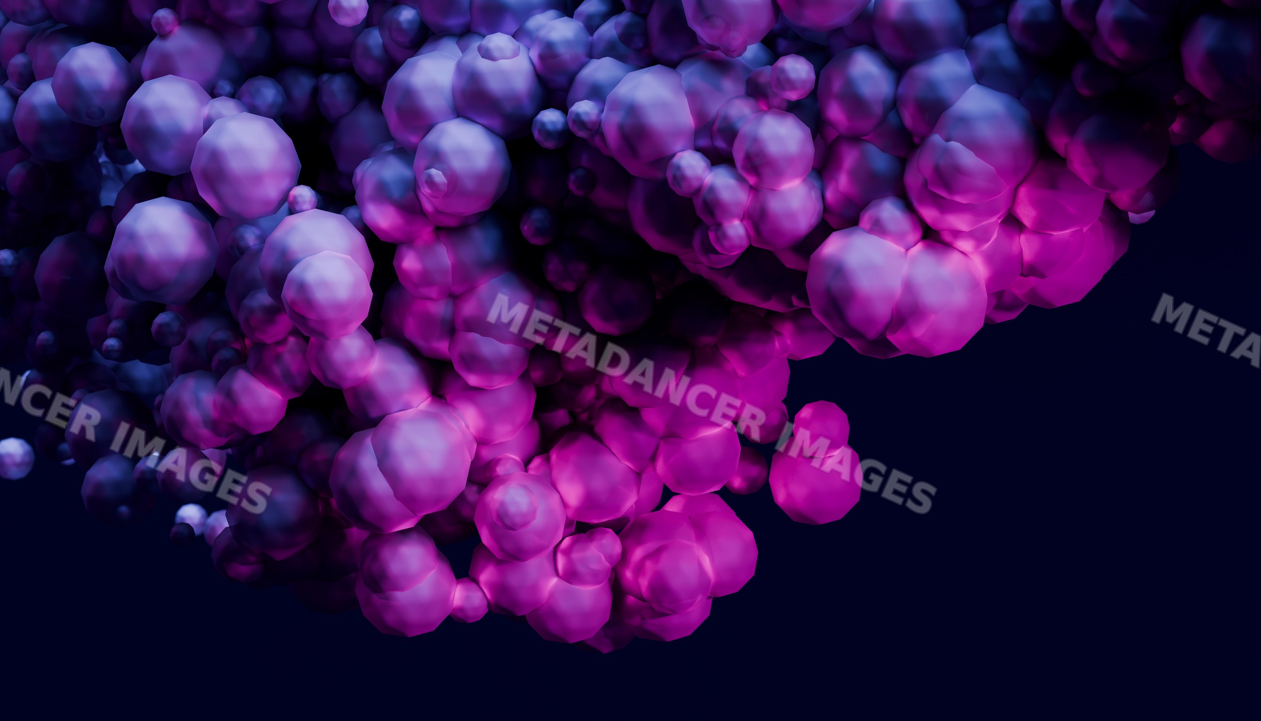 3d rendered cluster of purple and blue spheres forming molecular