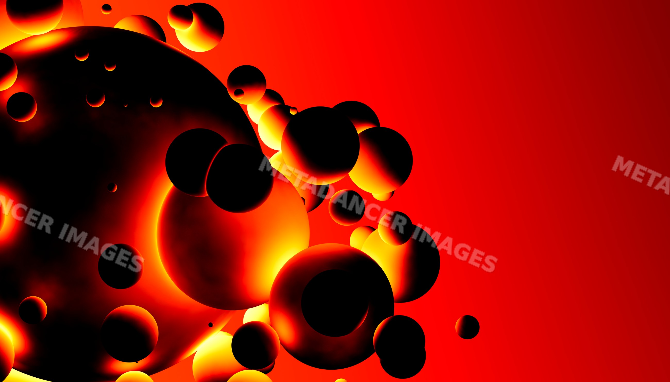 Abstract digital glowing black spheres float on a red background