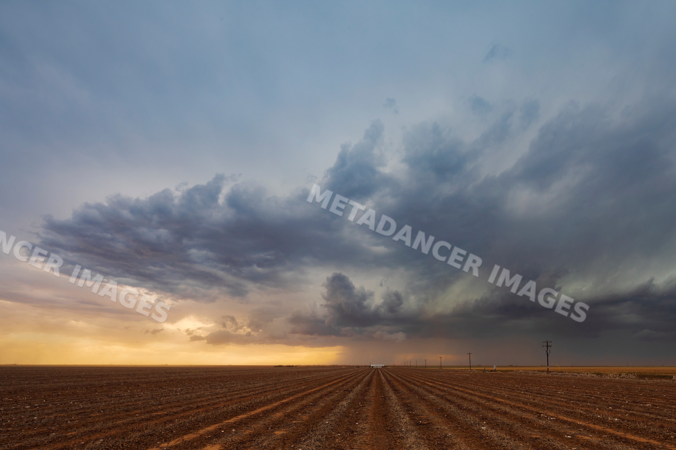Storm clouds over harvested Cotton Field at sunset in texas