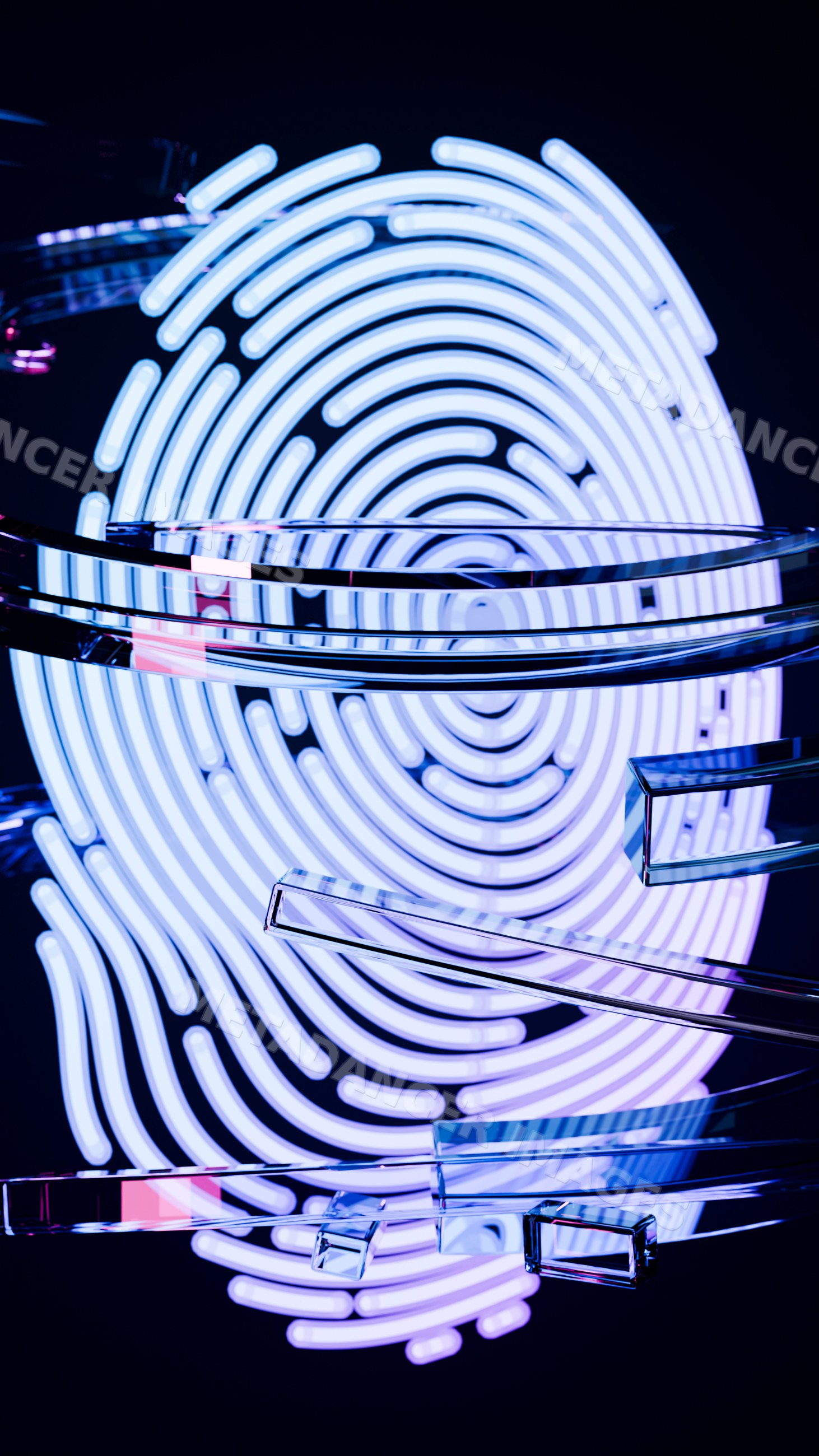 Glowing neon fingerprint with glass shapes digital art illustration
