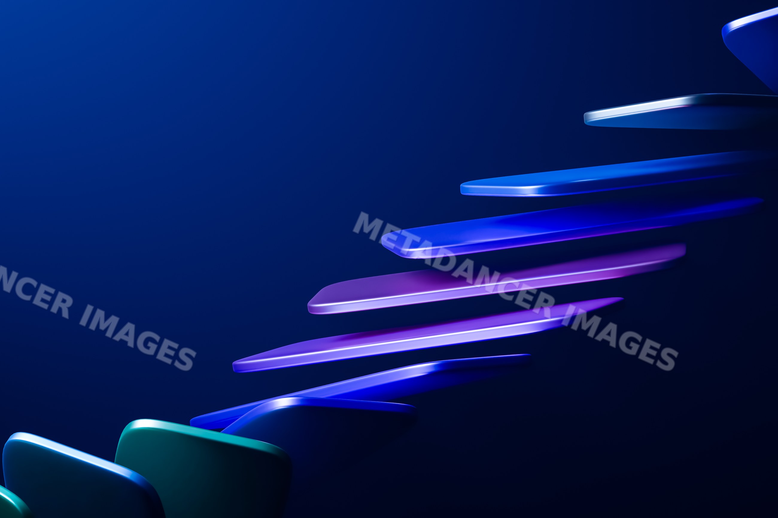 Abstract blue and purple glossy curved shapes floating