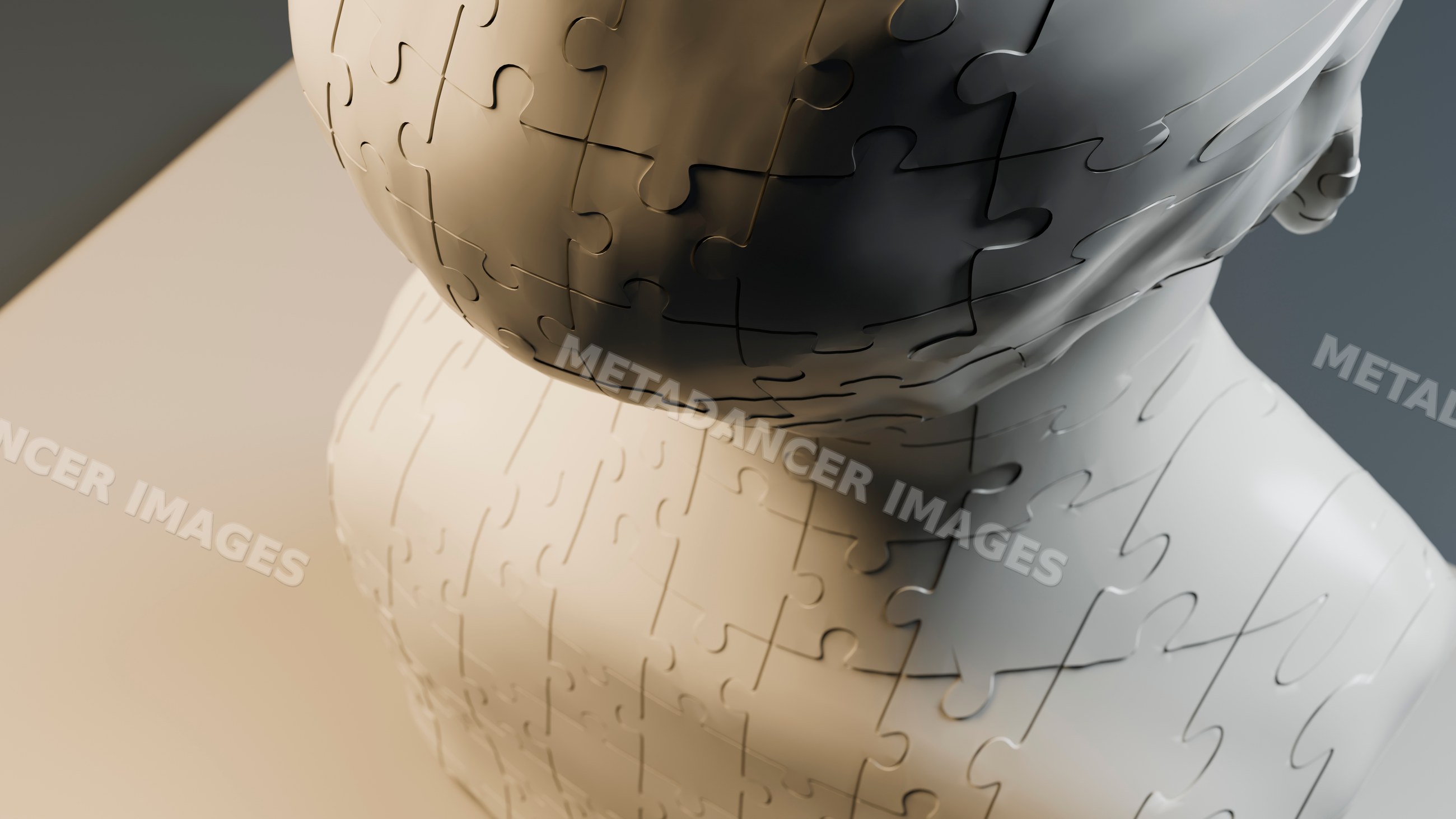 White jigsaw puzzle forming a human bust sculpture in 3d illustration
