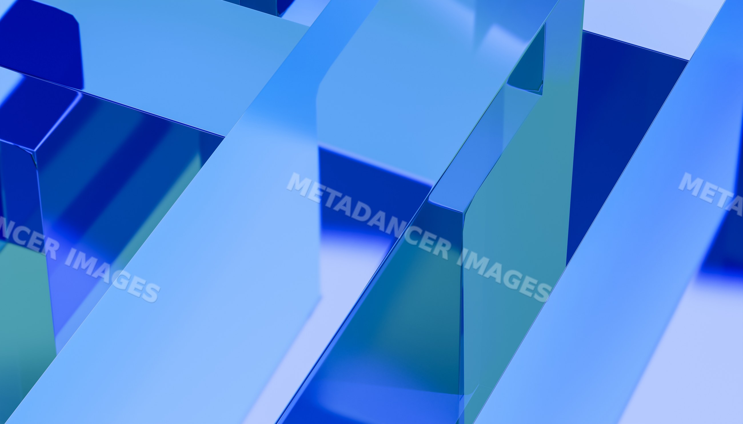 Blue abstract geometric shapes with reflective surfaces