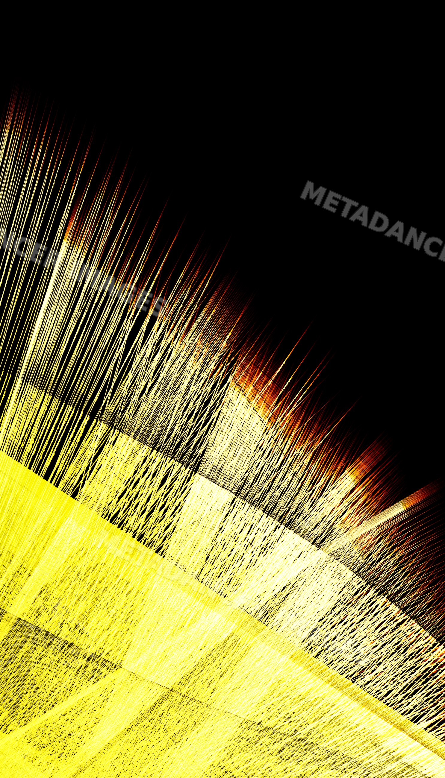 Abstract yellow strands form a dynamic linear pattern on black