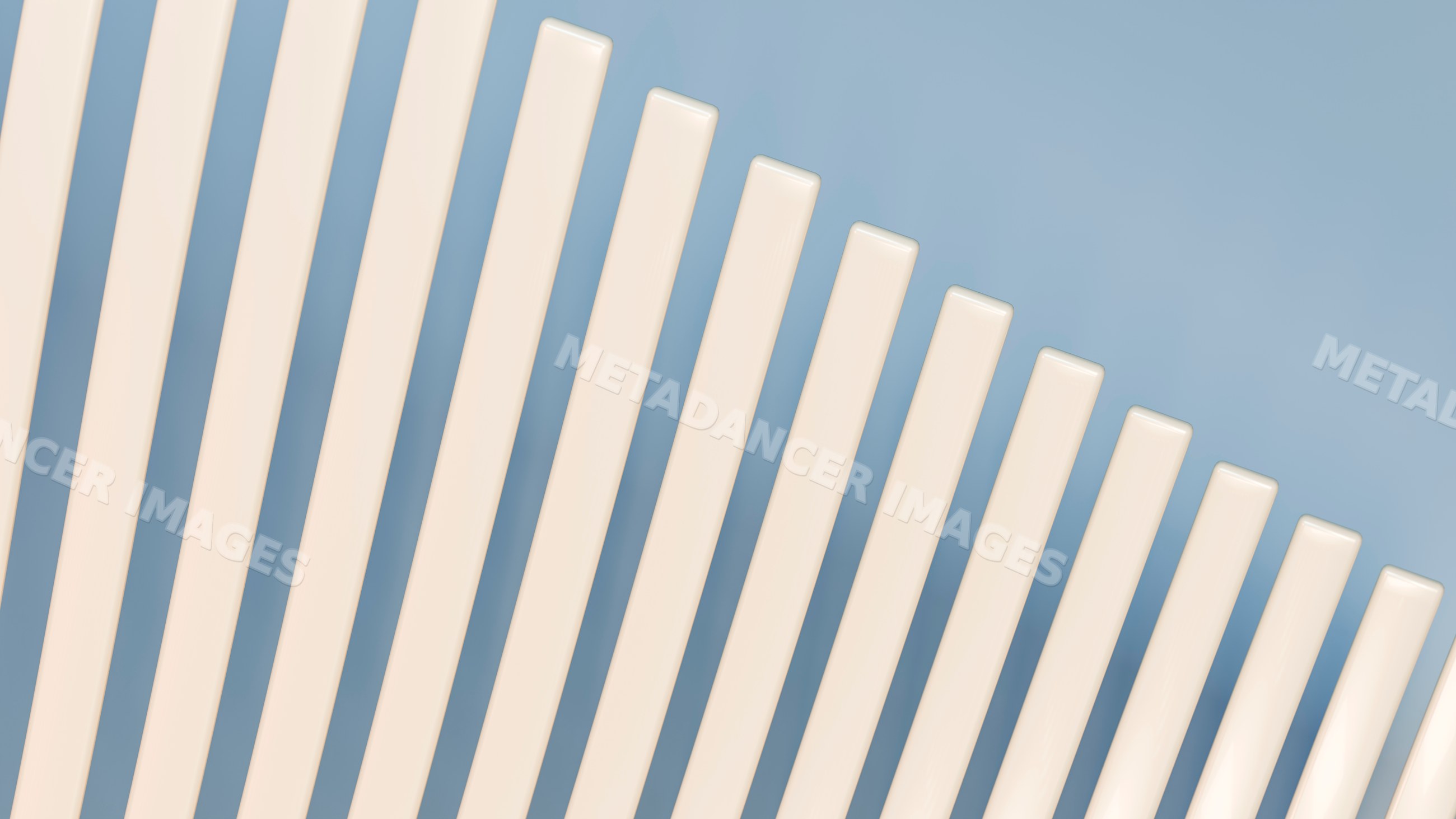 Abstract arrangement of vertical cream rods on blue background