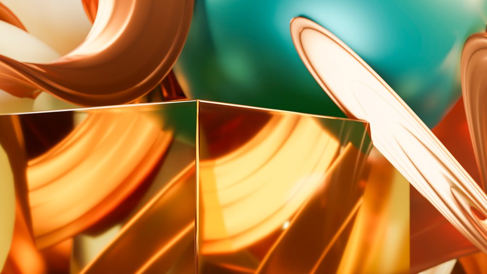 Abstract 3d illustration of reflective gold cube with curved tubes