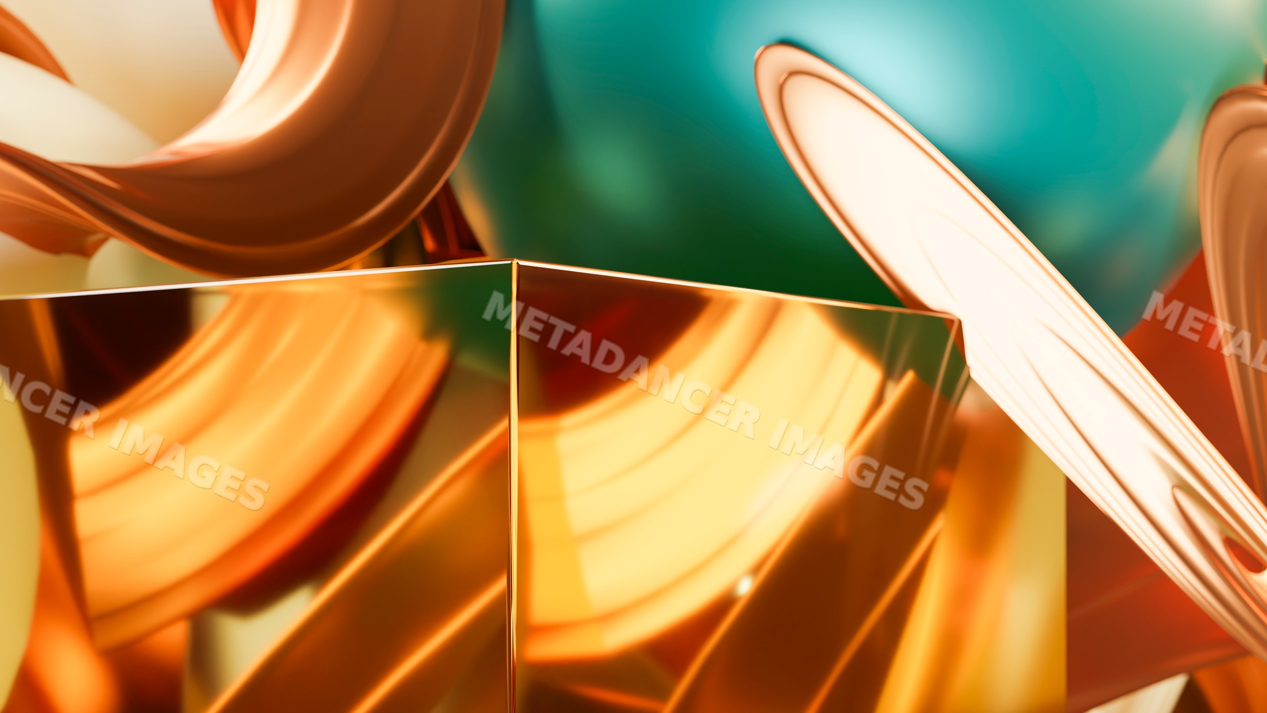Abstract 3d illustration of reflective gold cube with curved tubes