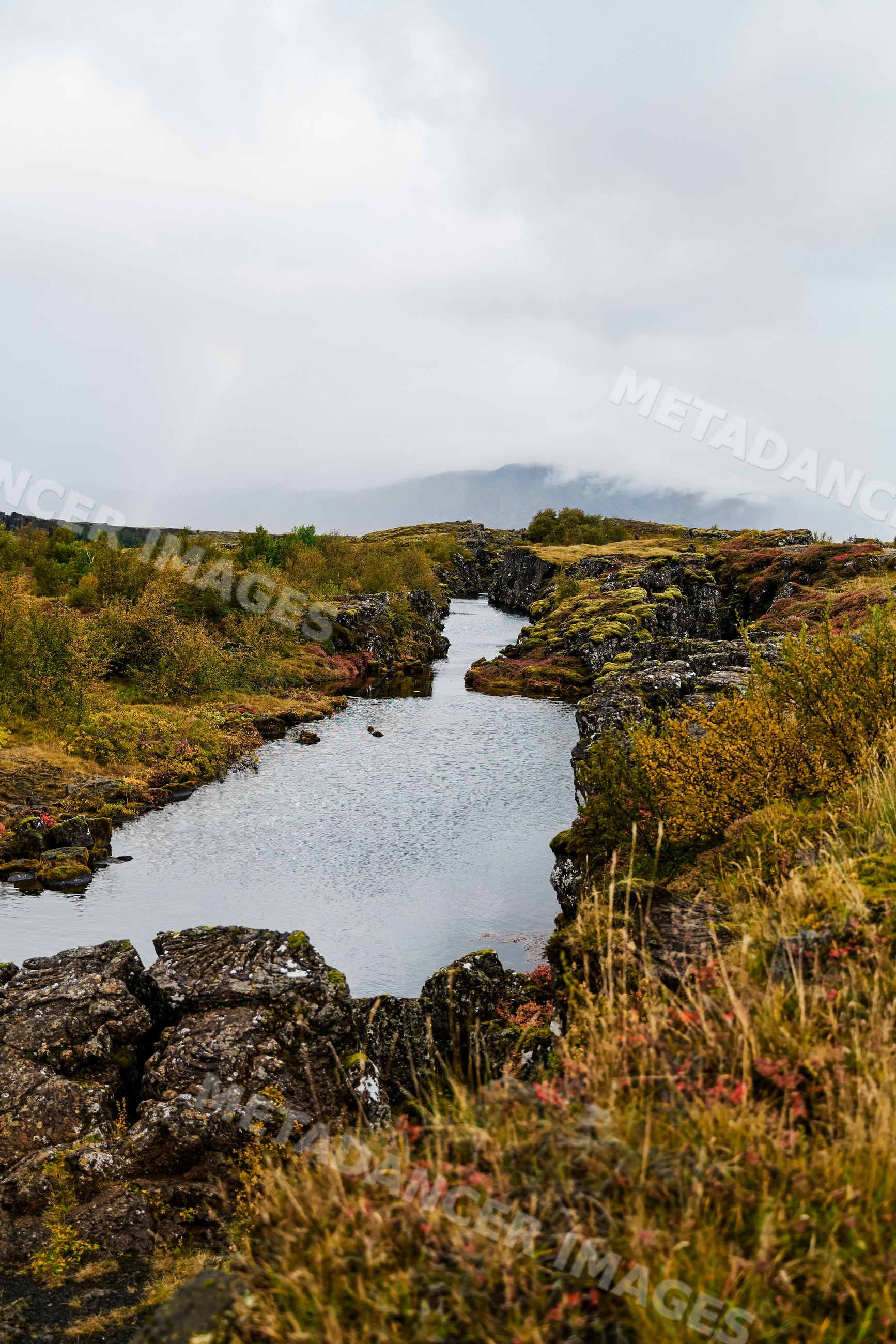 A river flows through mossy rocky terrain with autumn foliage