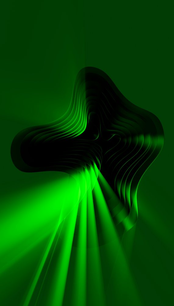 Abstract digital green light beams create futuristic curved layers