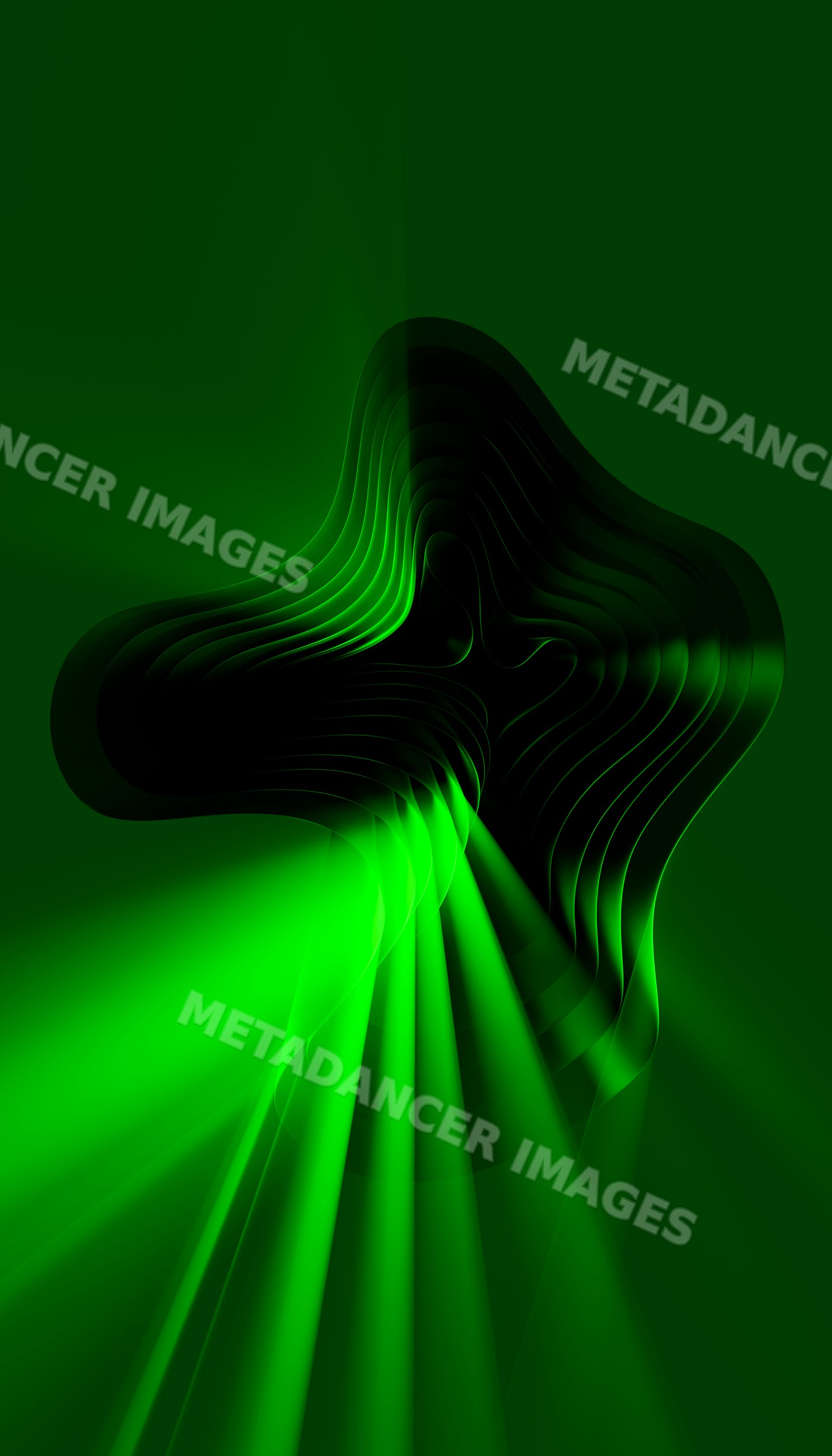 Abstract digital green light beams create futuristic curved layers