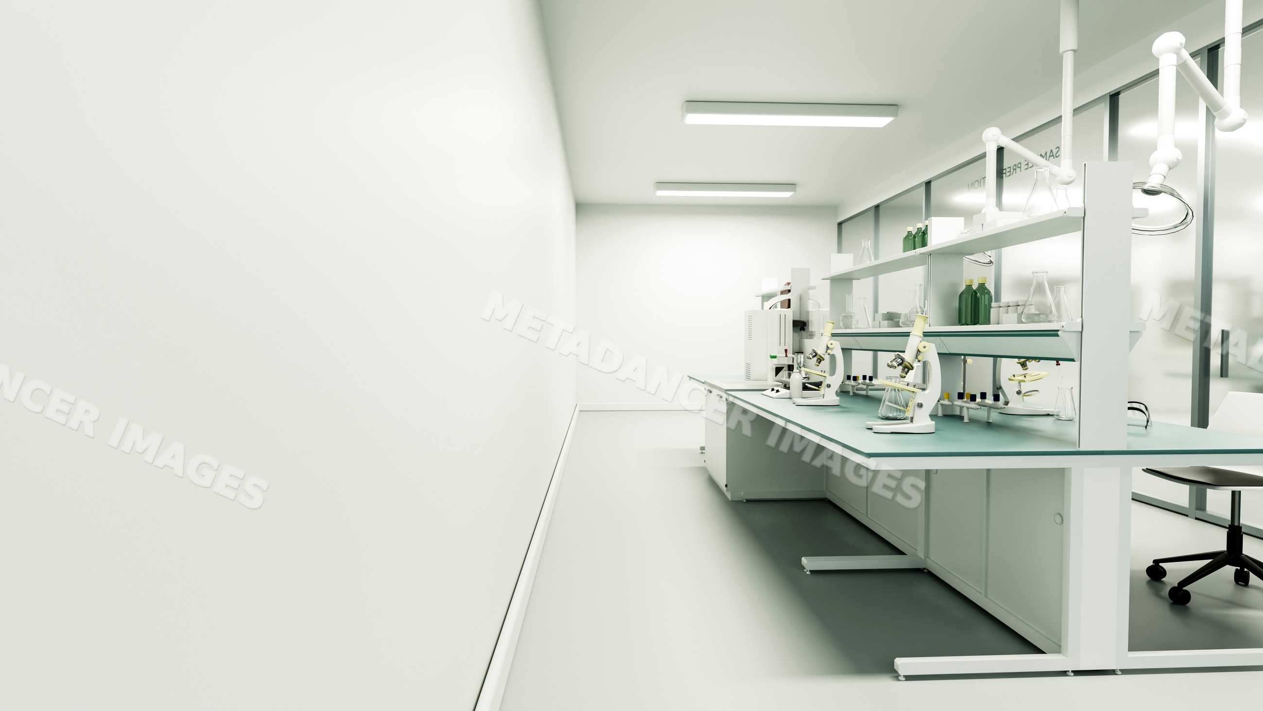 Laboratory workspace with microscopes and glassware on white bench