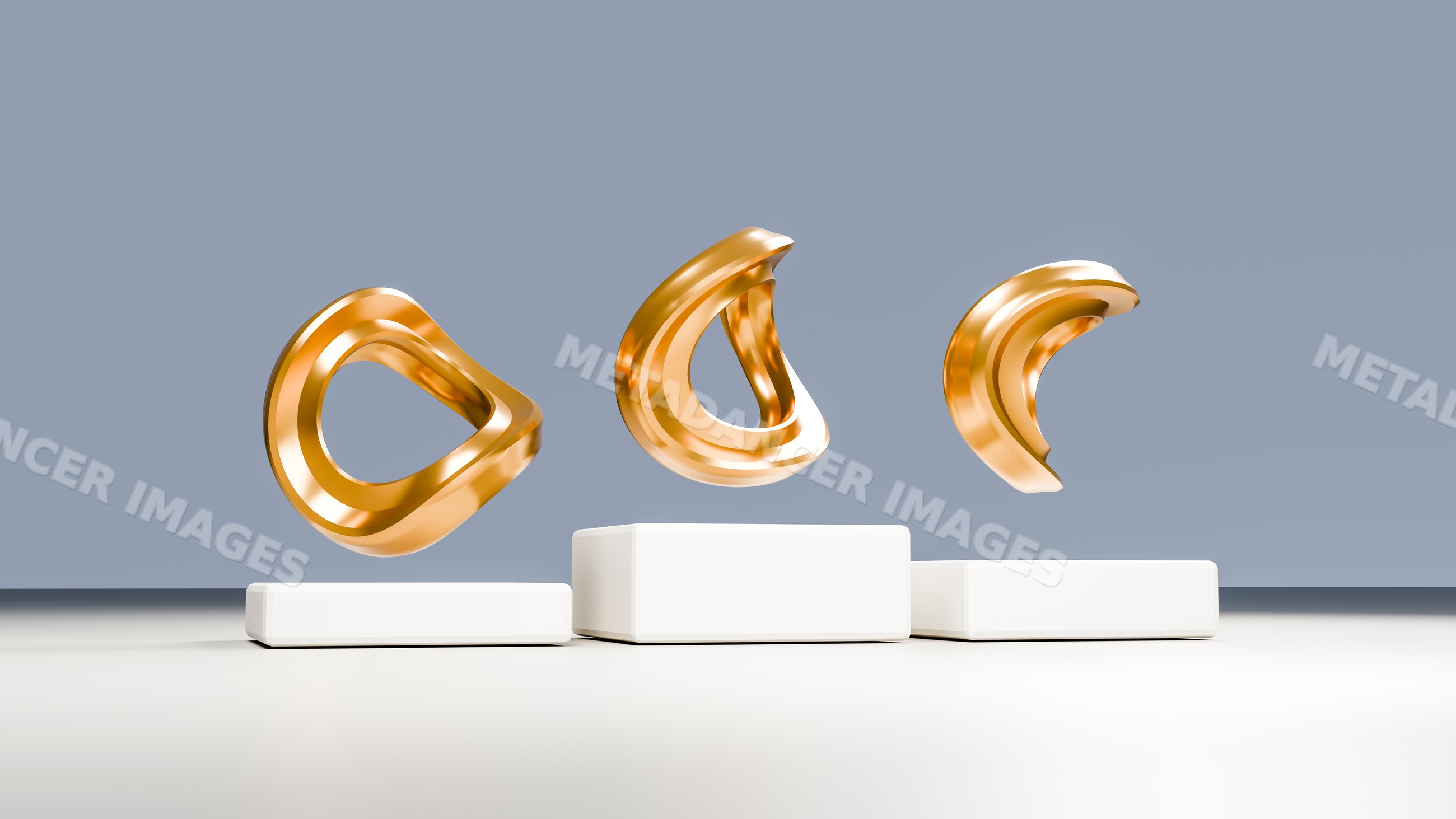 Three golden abstract sculptures floating above white pedestals