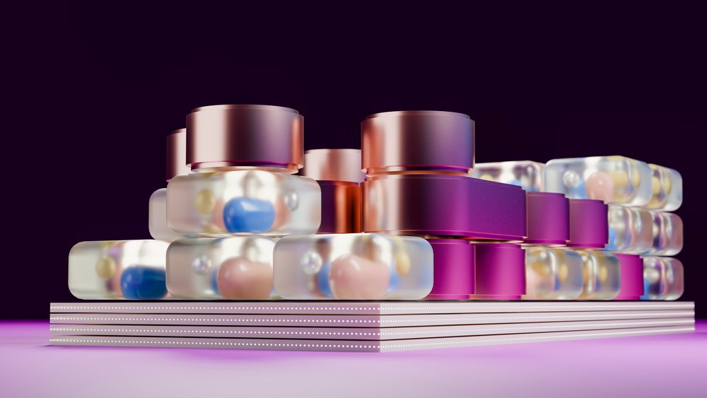 Stacked transparent containers filled with capsules and pills medical