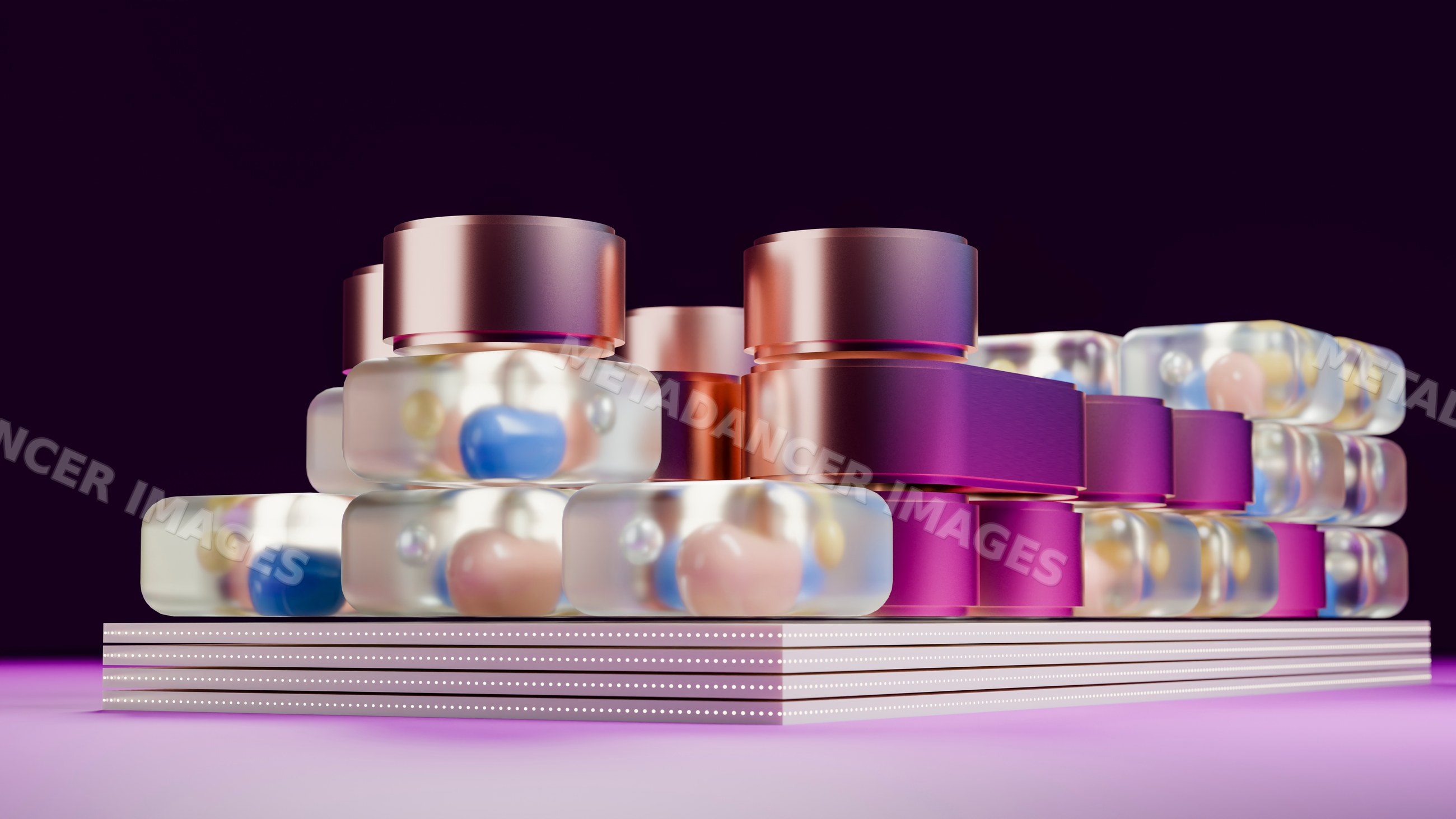 Stacked transparent containers filled with capsules and pills medical