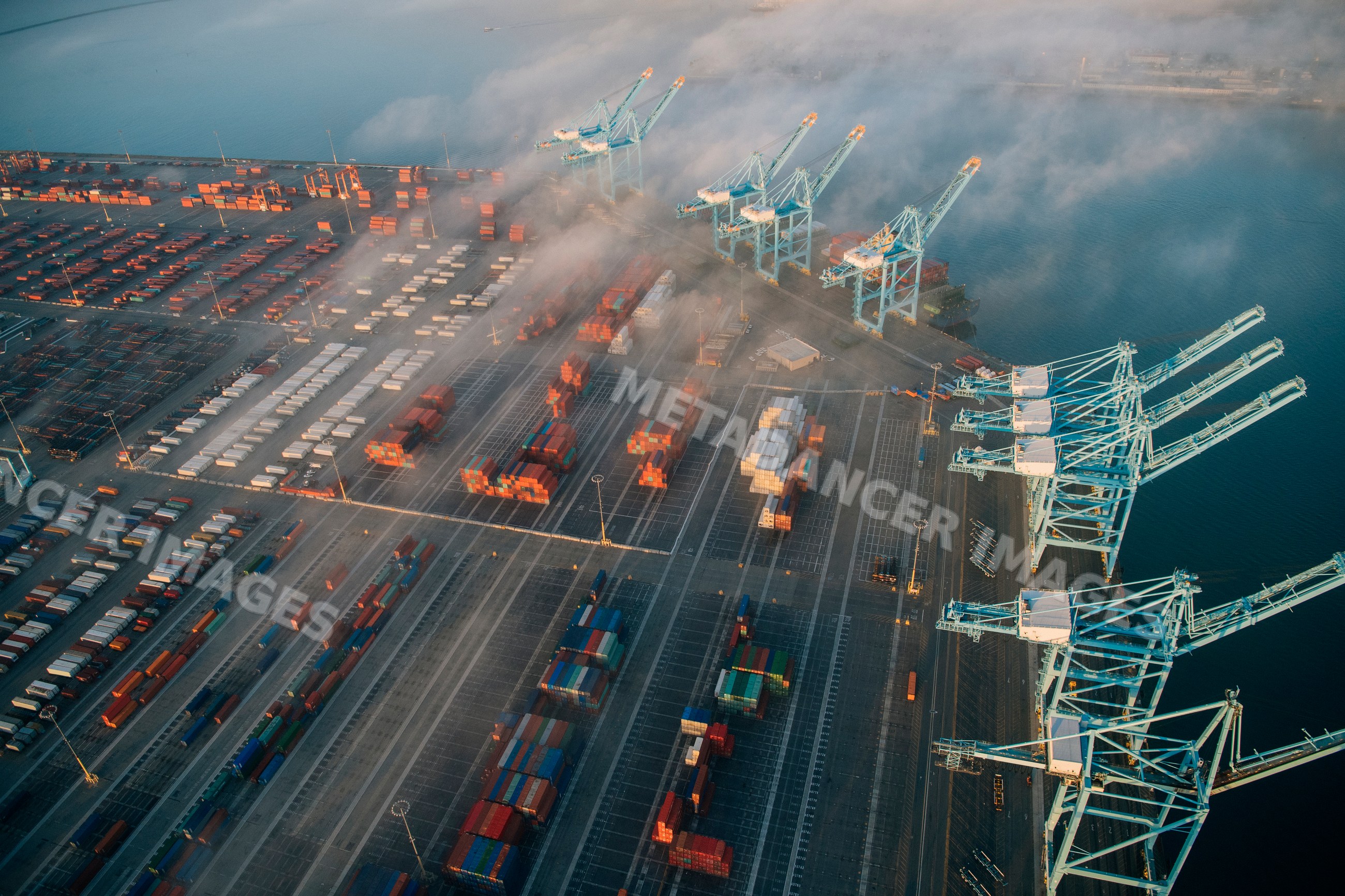 Container terminal with cargo cranes at a major seaport in long beach
