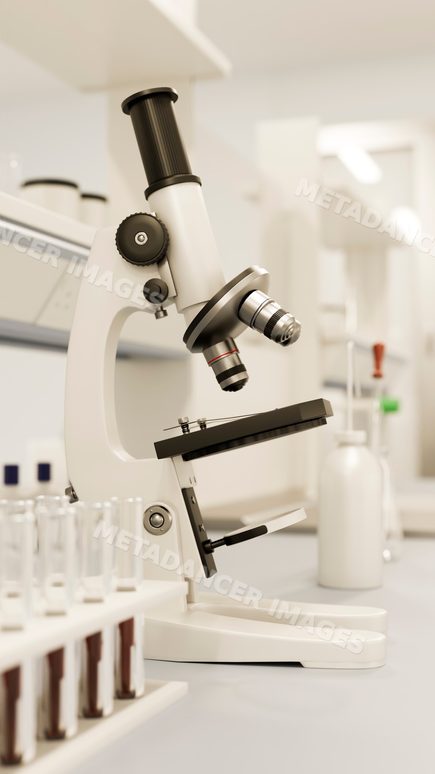 Microscope with test tubes in laboratory research setting