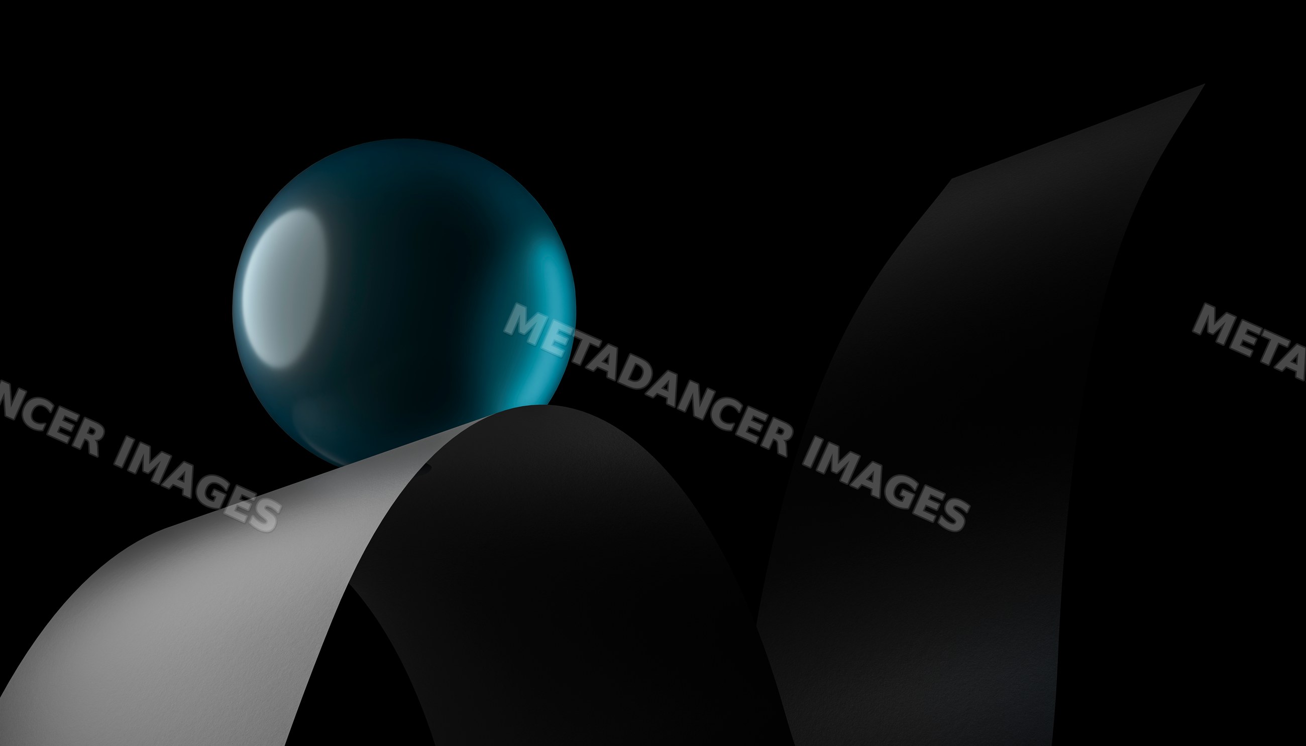 Blue glossy sphere balanced on a curved paper strip in a dark studio