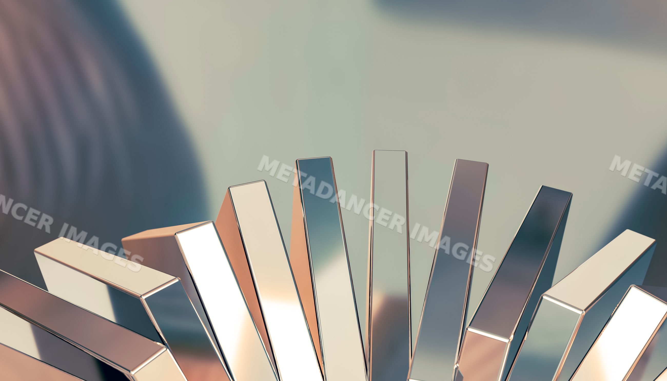 Close-up view of shiny metal bars arranged
