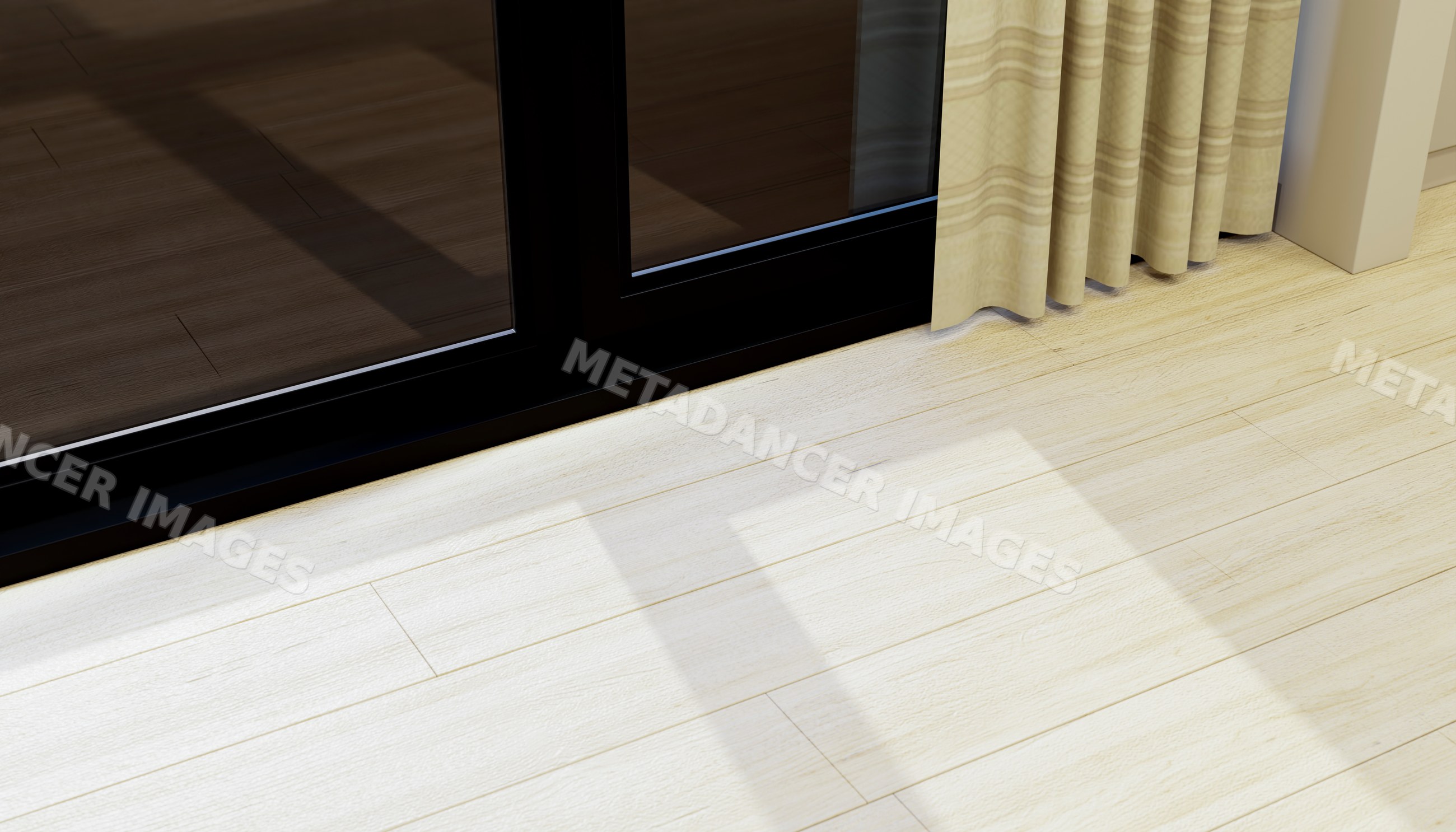 Curtains casting shadow on light wooden floor next to glass door
