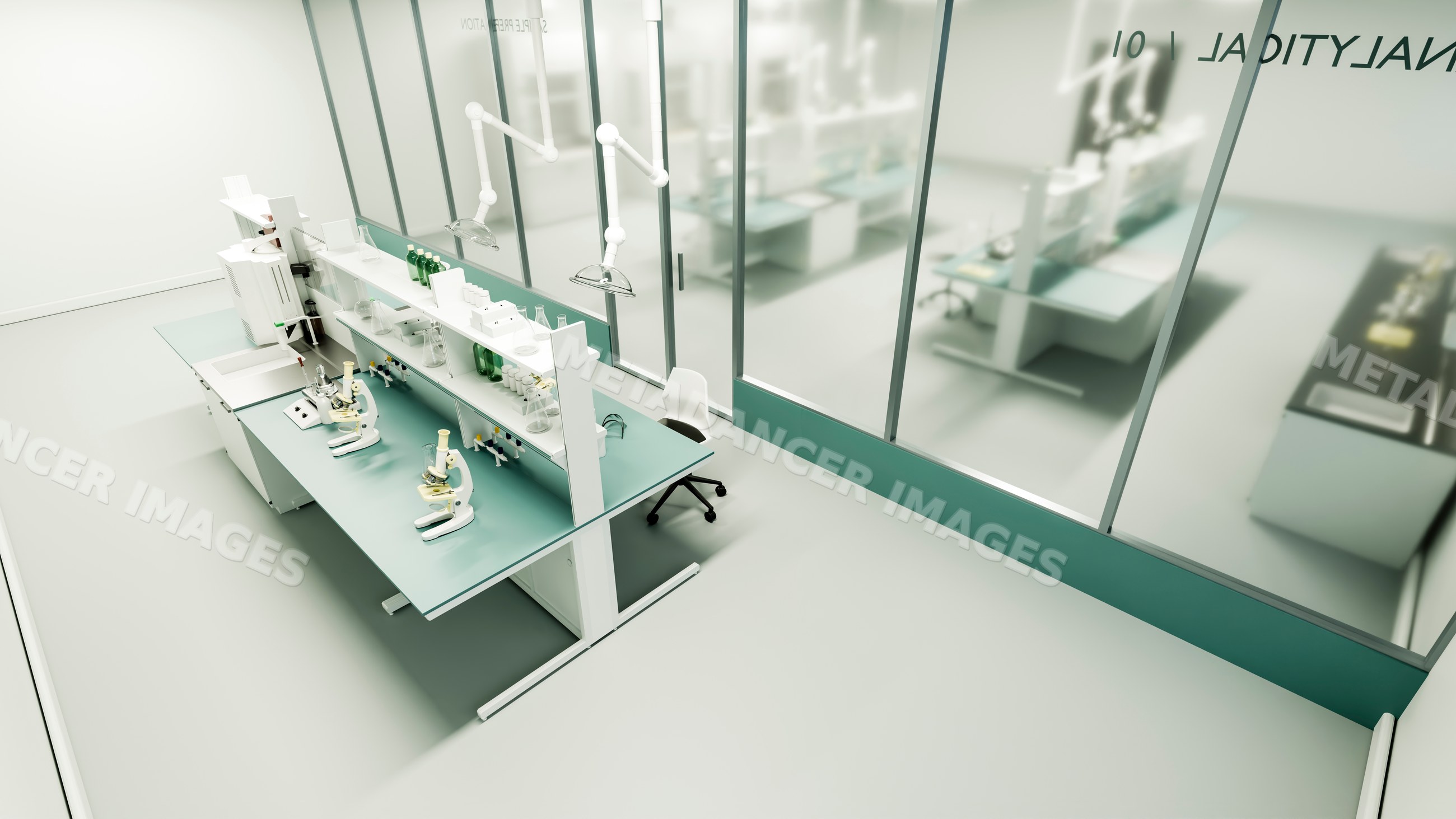 Modern laboratory workspace with microscopes and scientific equipment
