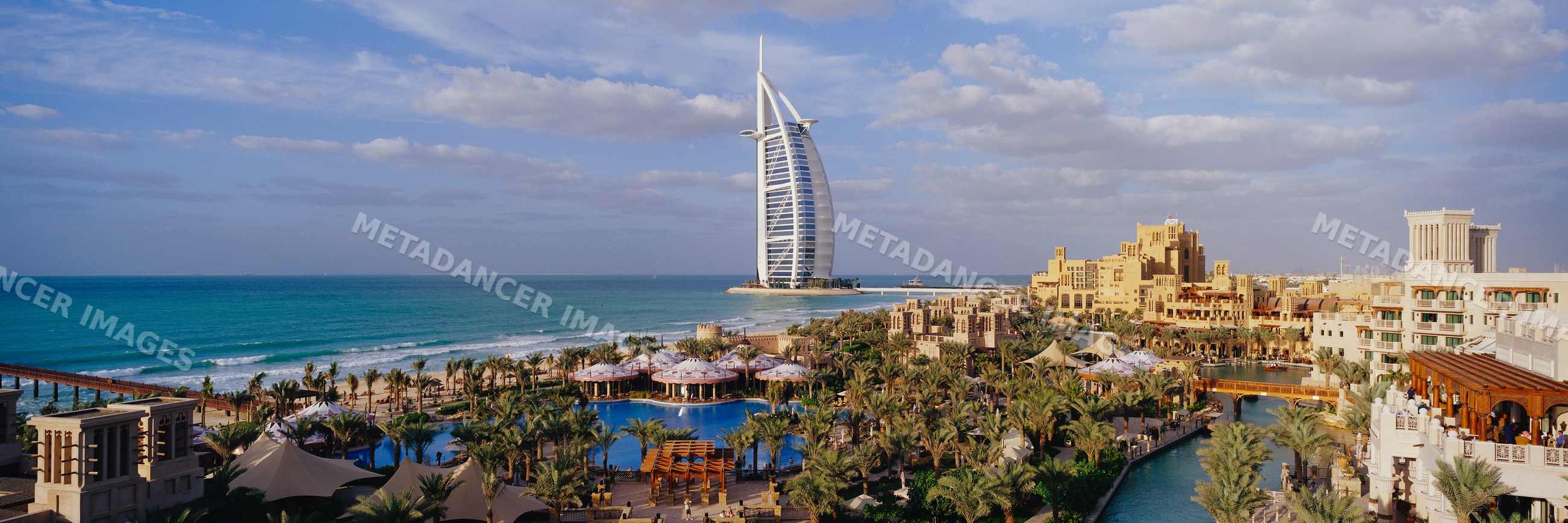 View of the burj al arab hotel and coastal resort along the arabian