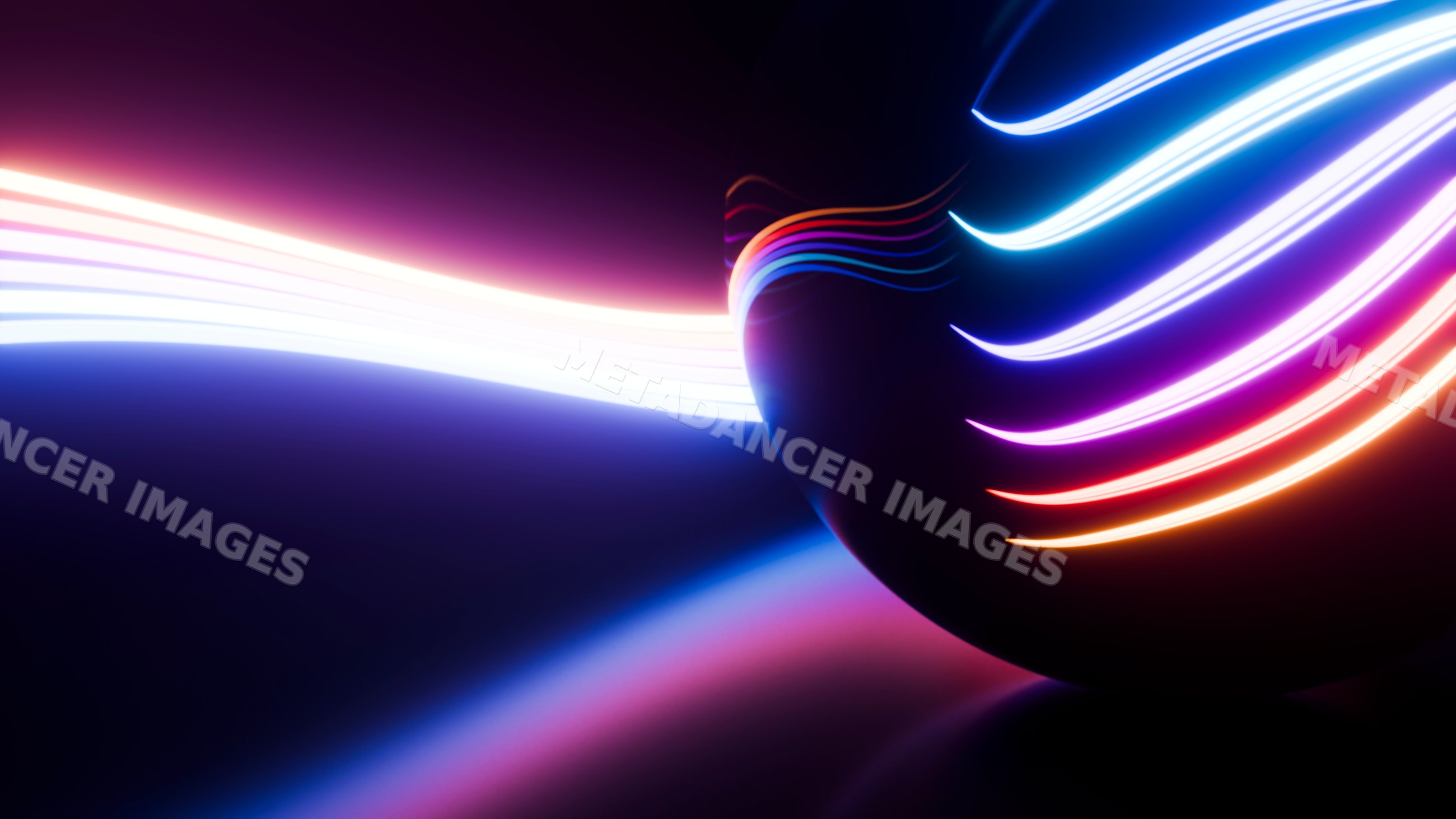 Glowing sphere with colorful neon light trails digital illustration