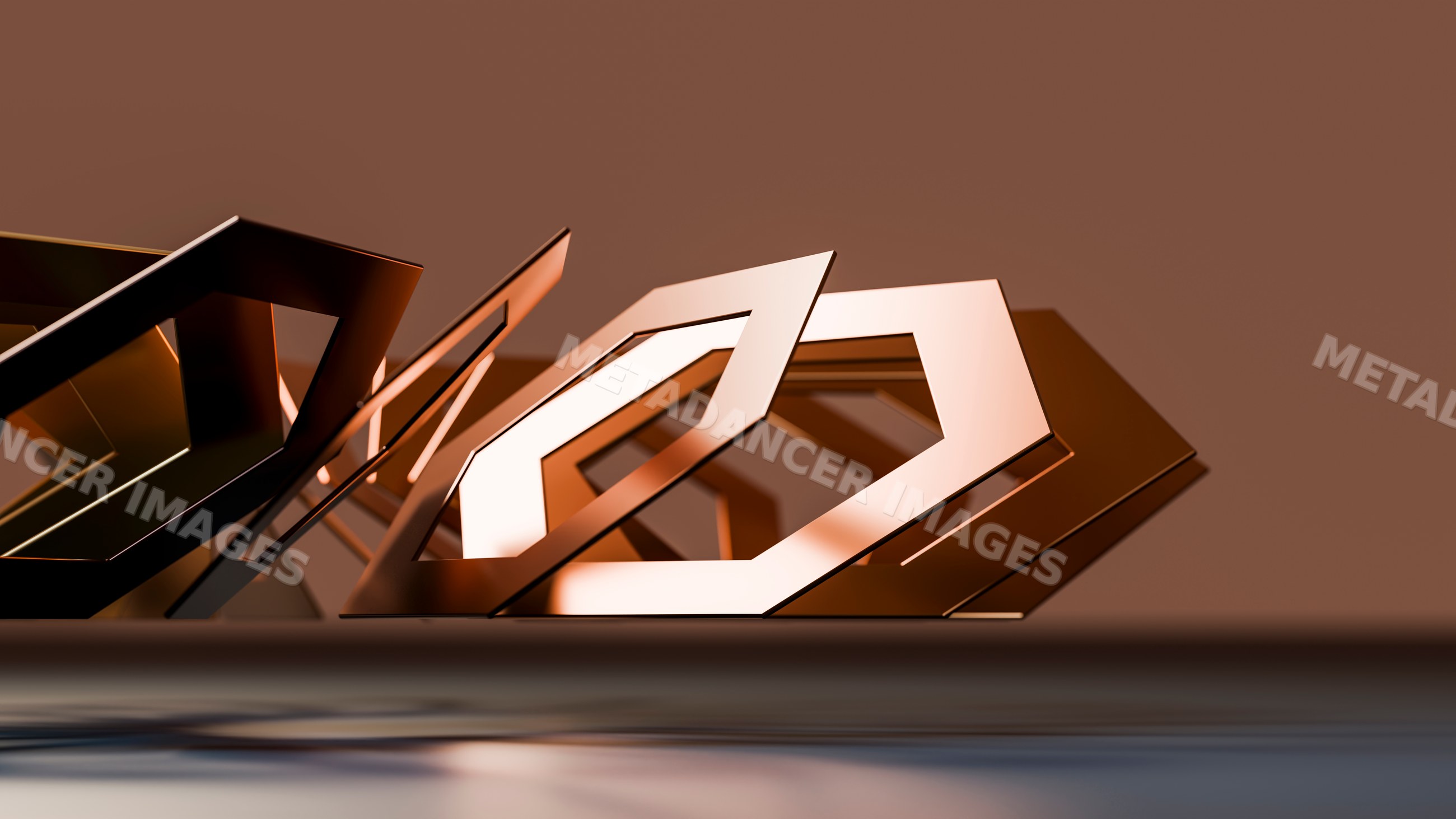 Geometric metal hexagons with reflections on brown background