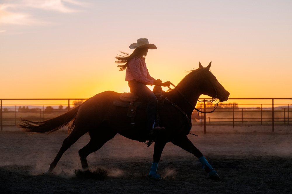 Horseback rider wearing cowboy hat at sunset in outdoor arena