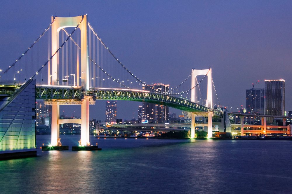Rainbow bridge over tokyo bay at night japan