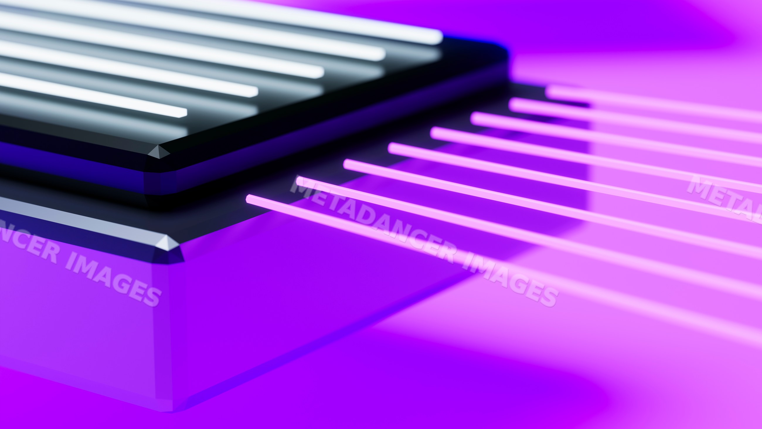 Close-up of glowing neon rectangular light with purple illumination