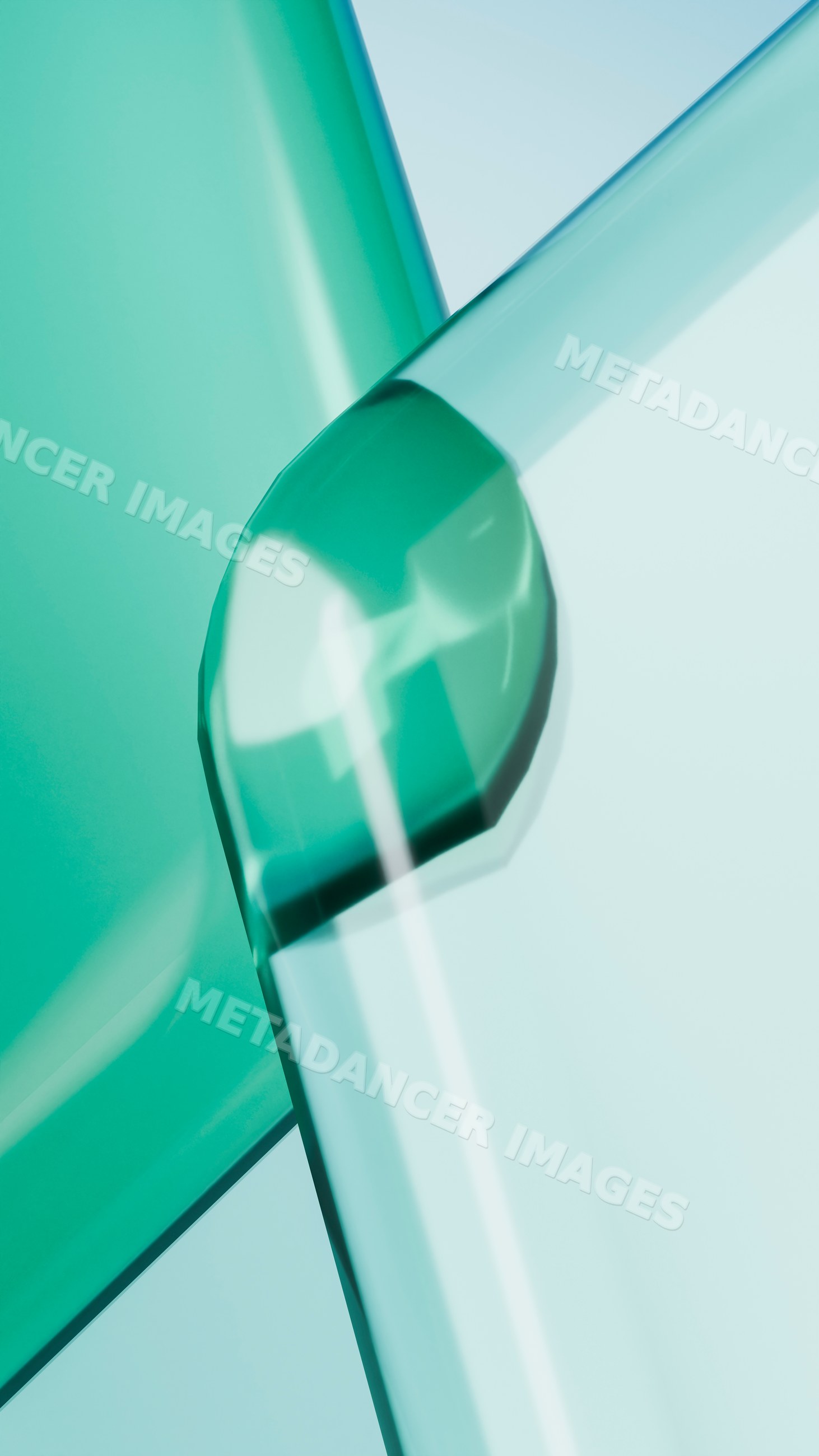 Close-up abstract view of intersecting blue and green transparent